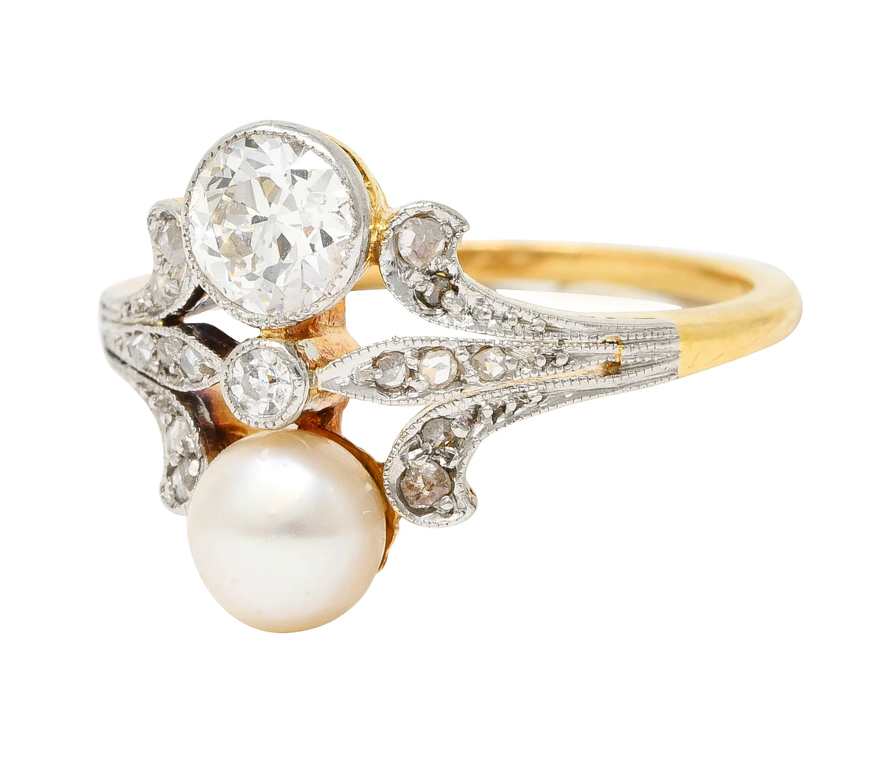 Edwardian Old European Cut Diamond Natural Pearl Platinum-Topped 18 Karat Yellow Gold Fleur-De-Lis Antique Ring - Image 6