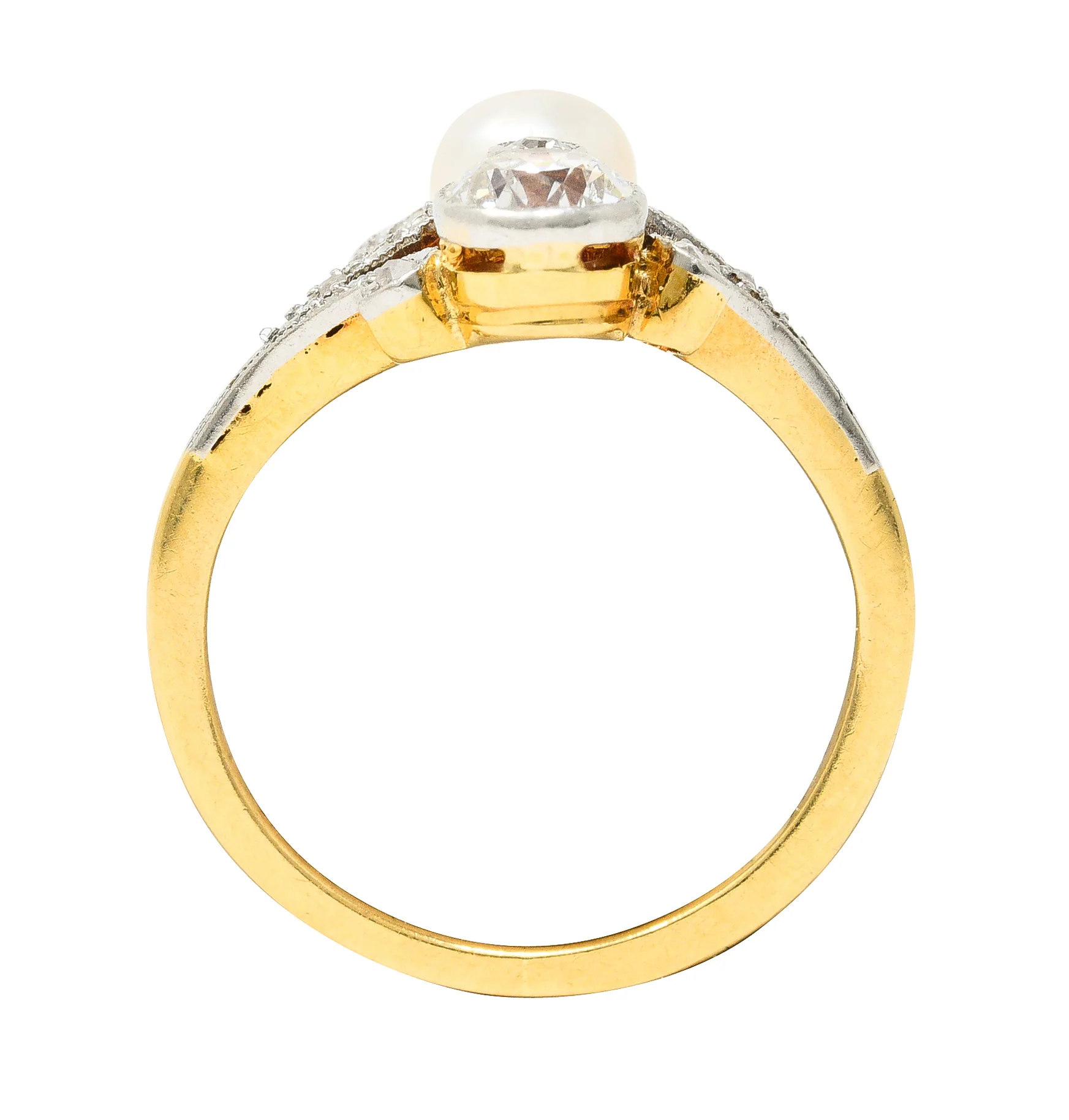 Edwardian Old European Cut Diamond Natural Pearl Platinum-Topped 18 Karat Yellow Gold Fleur-De-Lis Antique Ring - Image 8