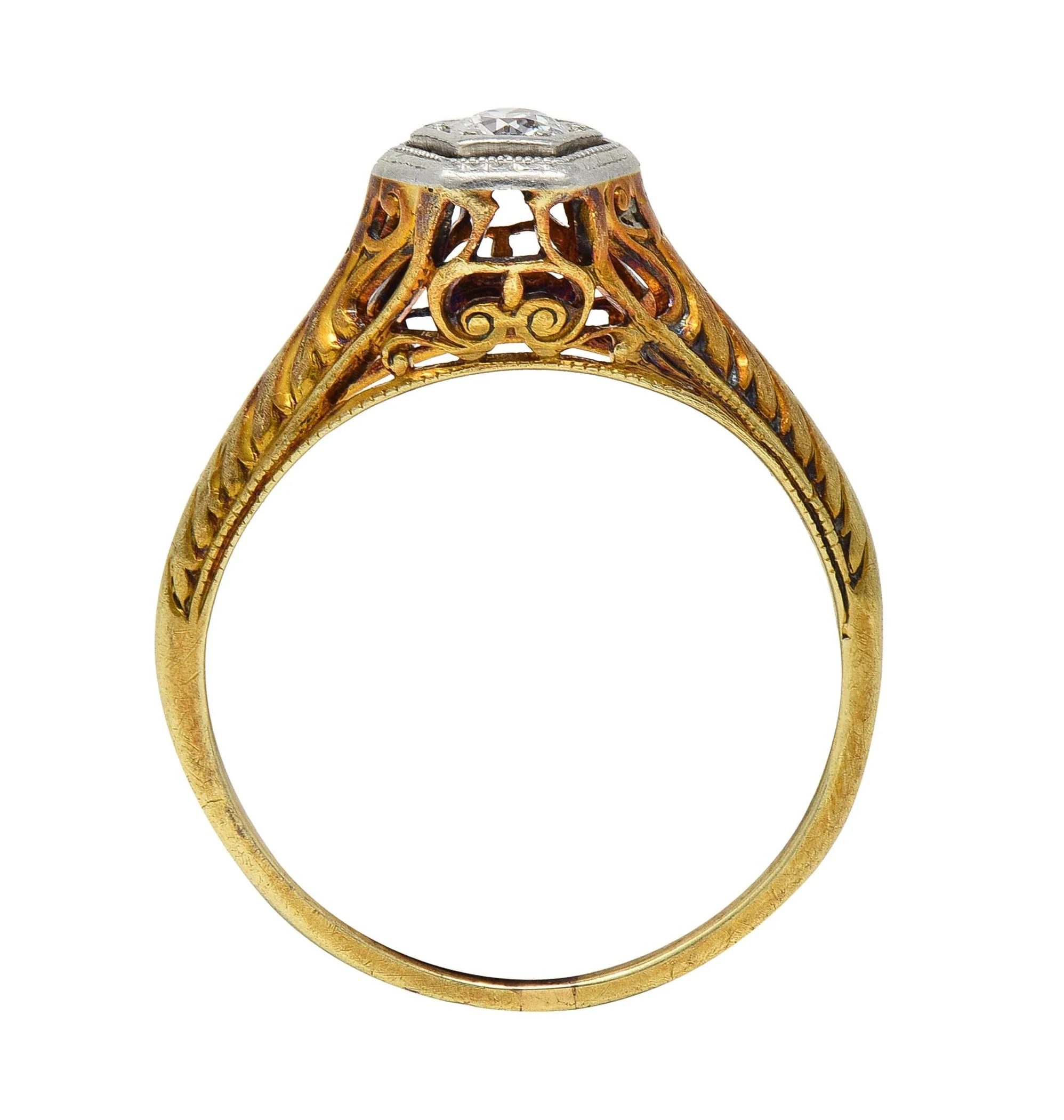 Edwardian Old European Diamond Platinum 14 Karat Gold Antique Feather Engagement Ring - Image 3
