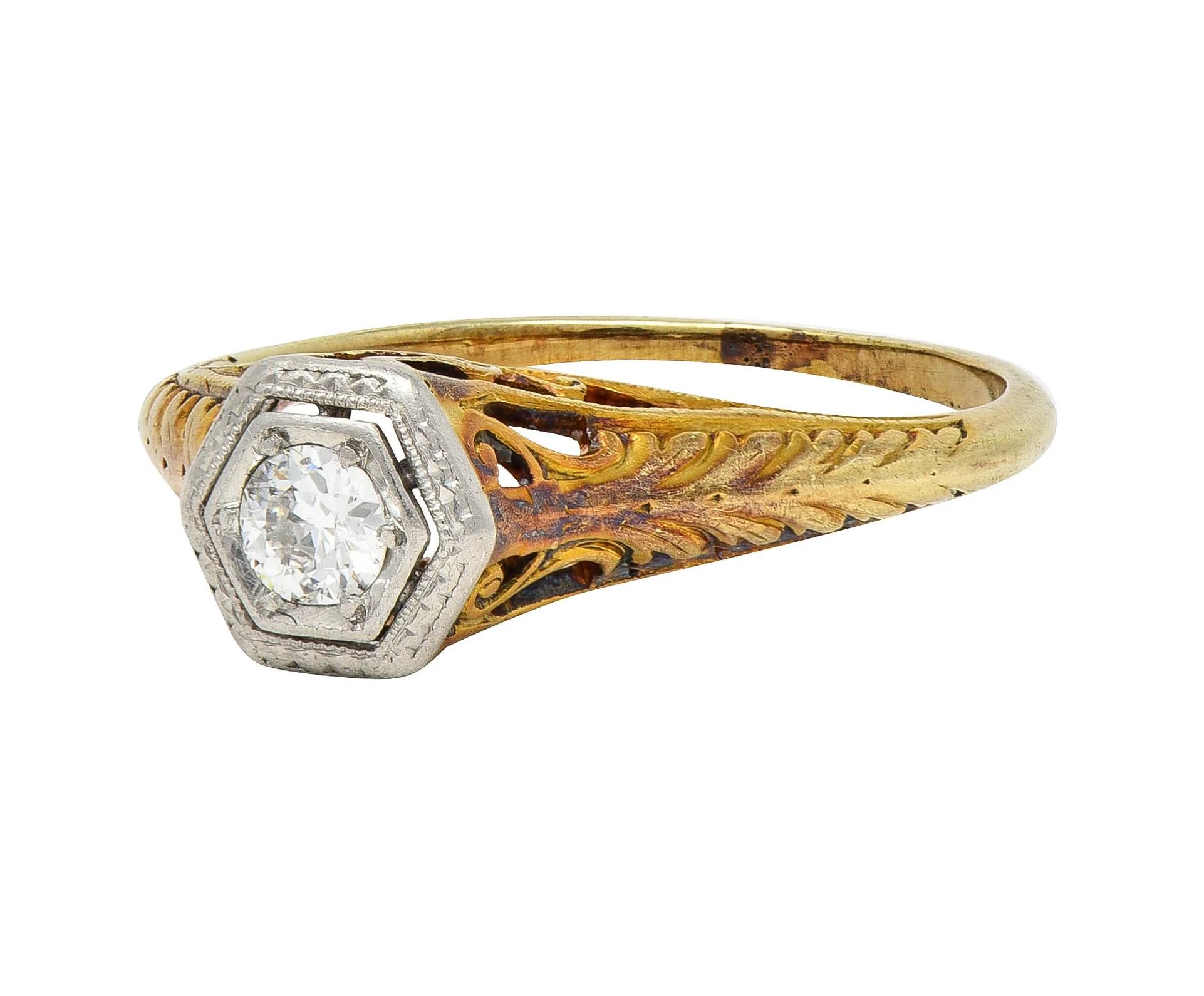 Edwardian Old European Diamond Platinum 14 Karat Gold Antique Feather Engagement Ring - Image 7