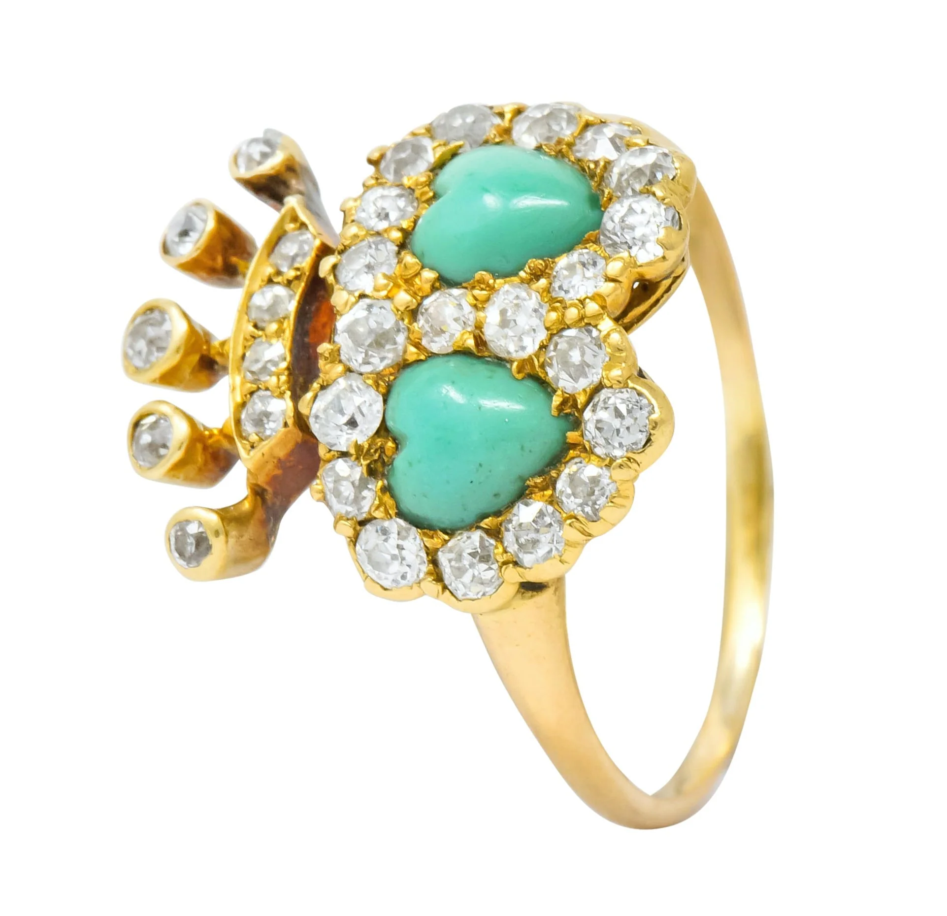 Edwardian Old European Diamond Turquoise 18 Karat Gold Double Heart Cluster Ring - Image 8