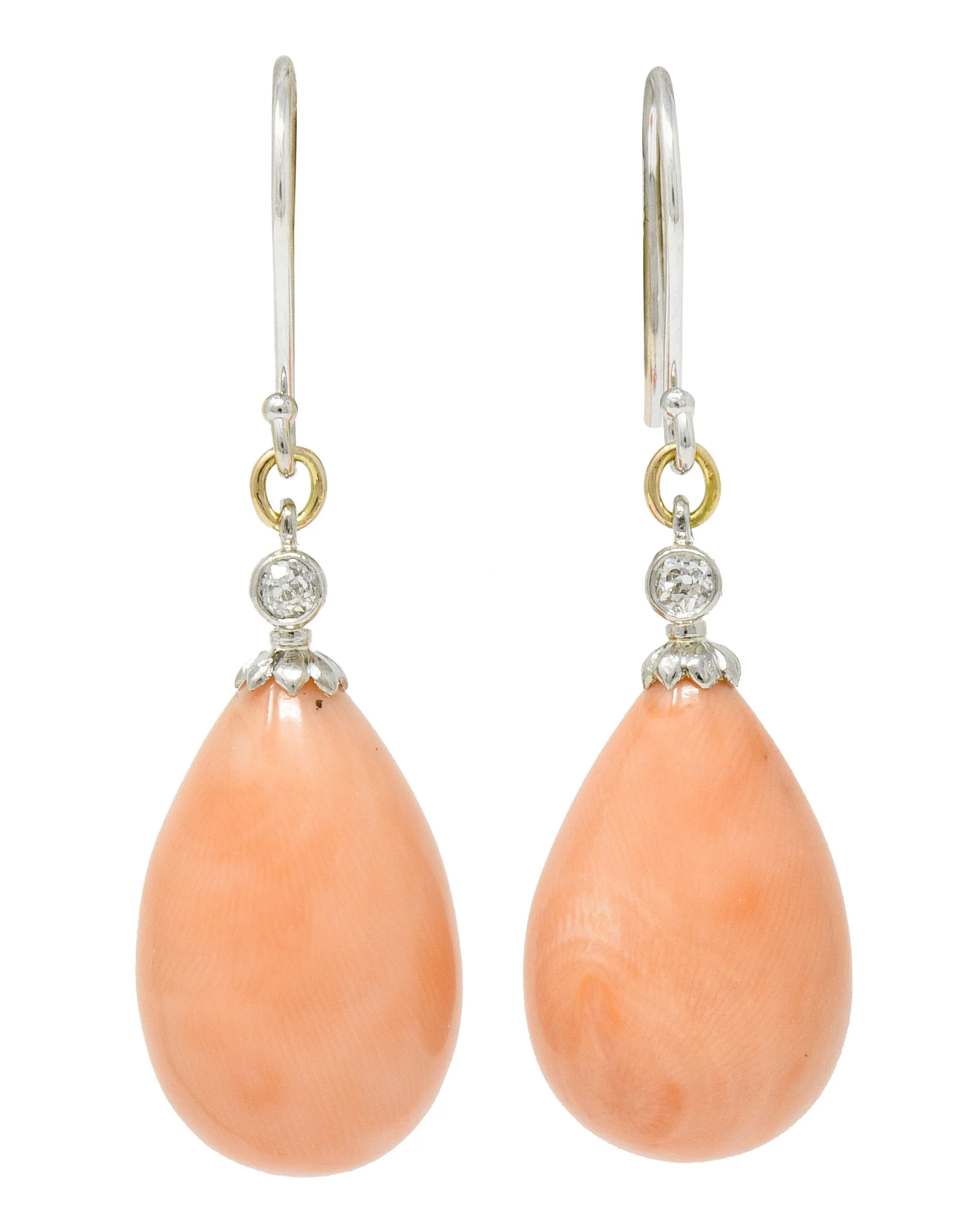 Edwardian Old Mine Diamond Coral Platinum-Topped Gold Drop Earrings
