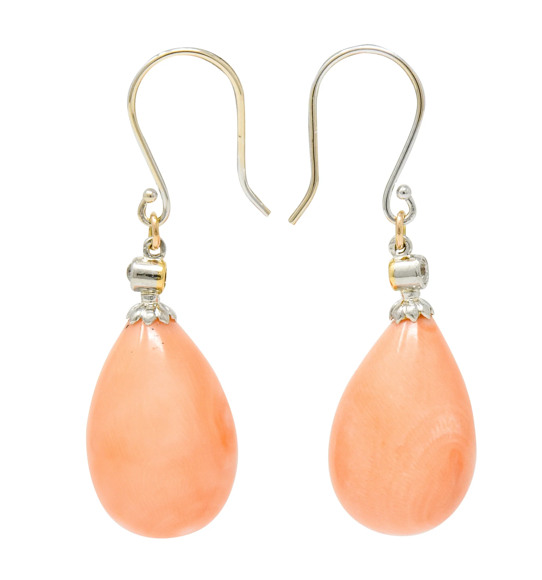 Edwardian Old Mine Diamond Coral Platinum-Topped Gold Drop Earrings - Image 2