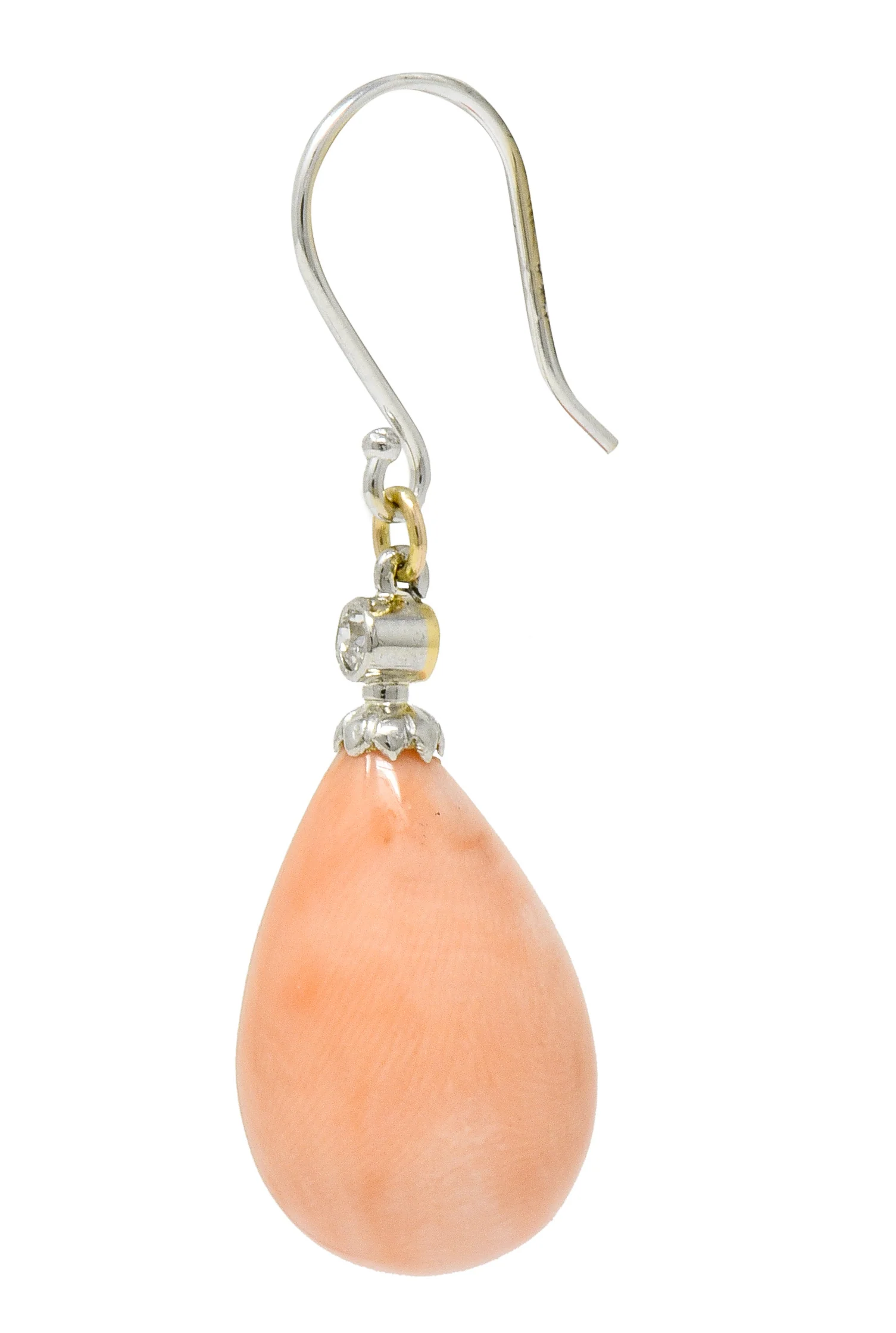 Edwardian Old Mine Diamond Coral Platinum-Topped Gold Drop Earrings - Image 3