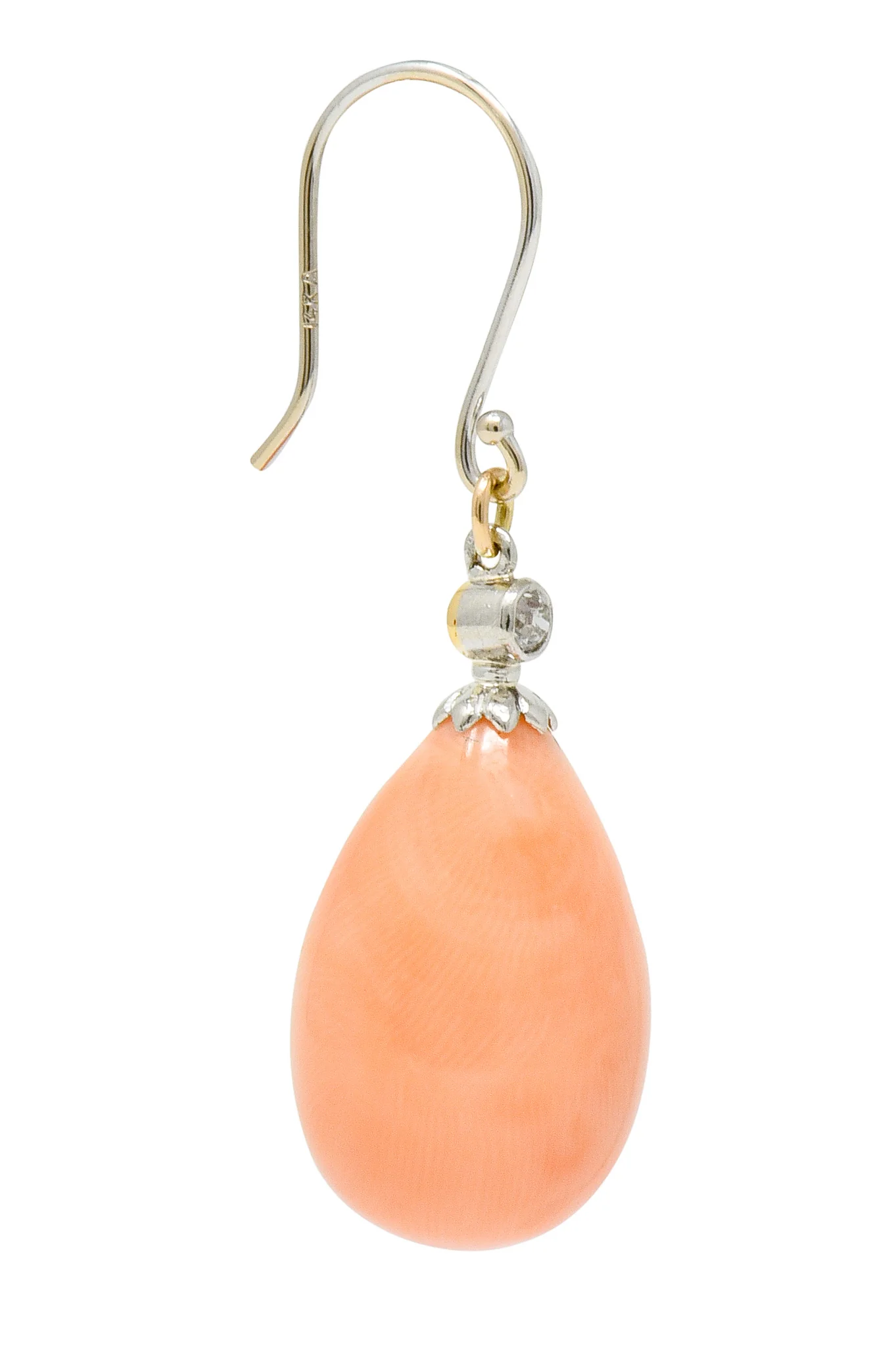 Edwardian Old Mine Diamond Coral Platinum-Topped Gold Drop Earrings - Image 4