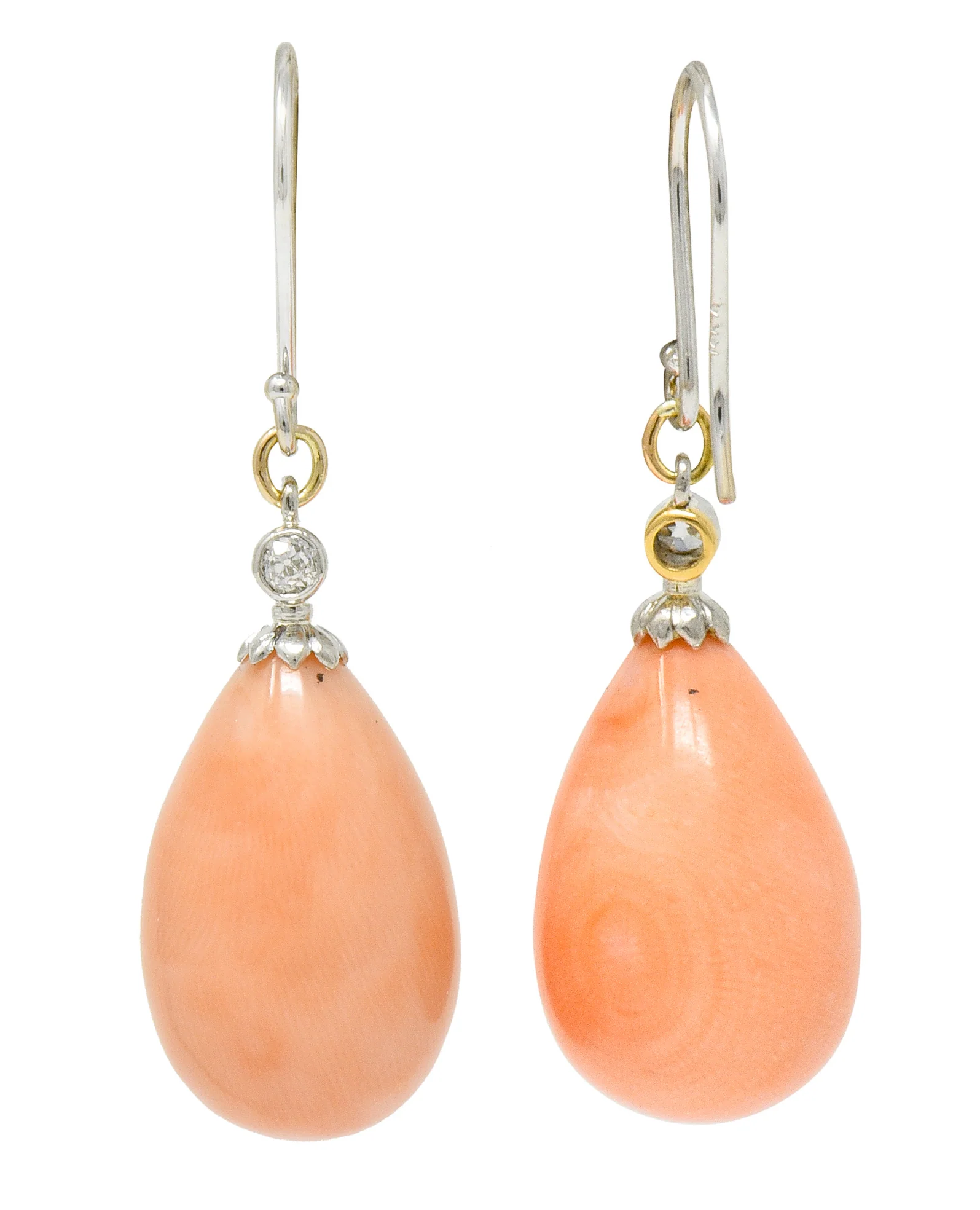 Edwardian Old Mine Diamond Coral Platinum-Topped Gold Drop Earrings - Image 6