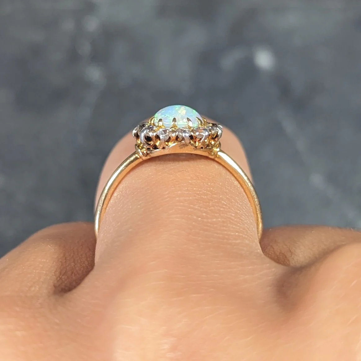 Edwardian Opal Cabochon Old European Cut Diamond Platinum-Topped 18 Karat Yellow Gold Antique Halo Ring - Image 11