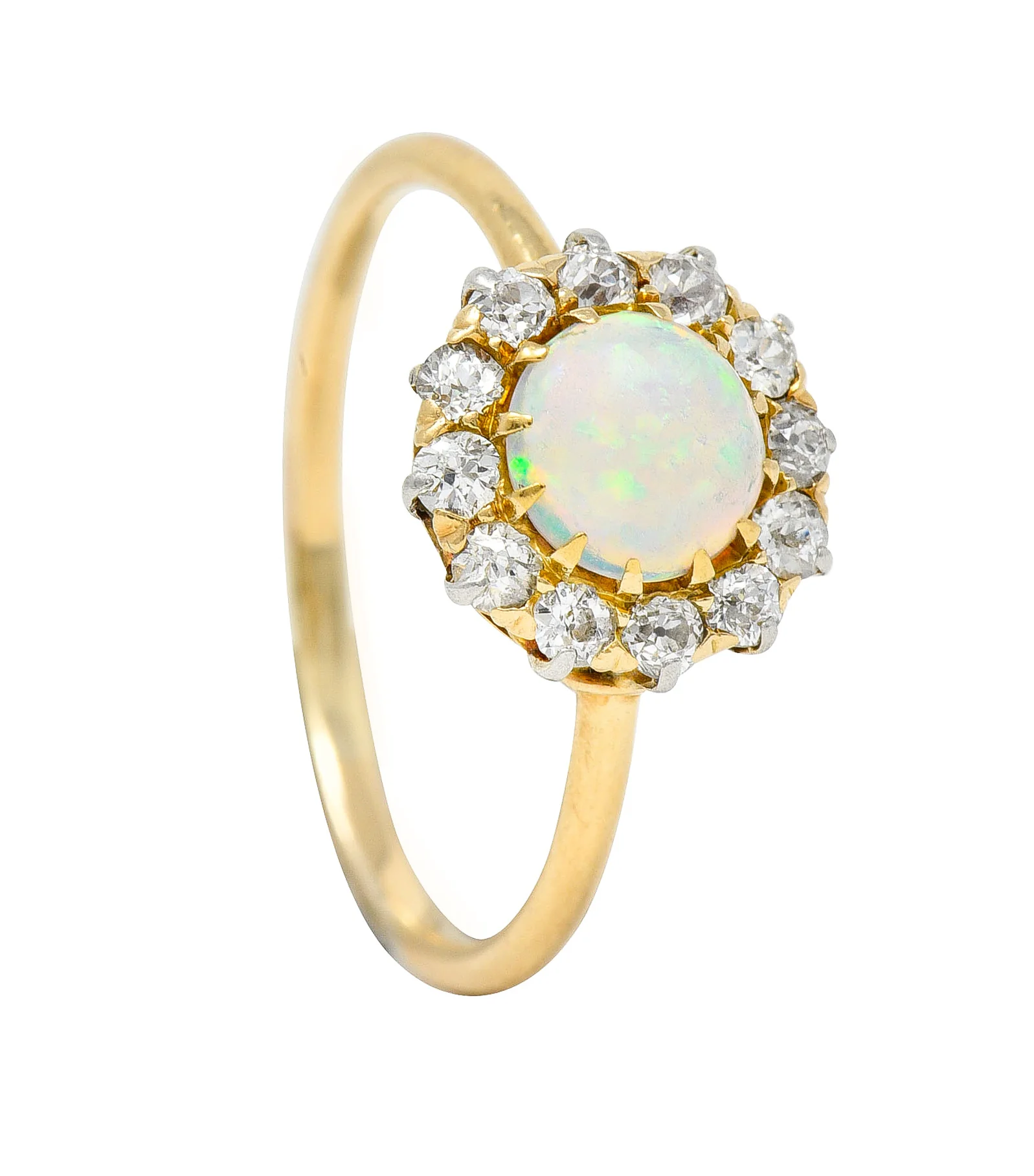 Edwardian Opal Cabochon Old European Cut Diamond Platinum-Topped 18 Karat Yellow Gold Antique Halo Ring - Image 9