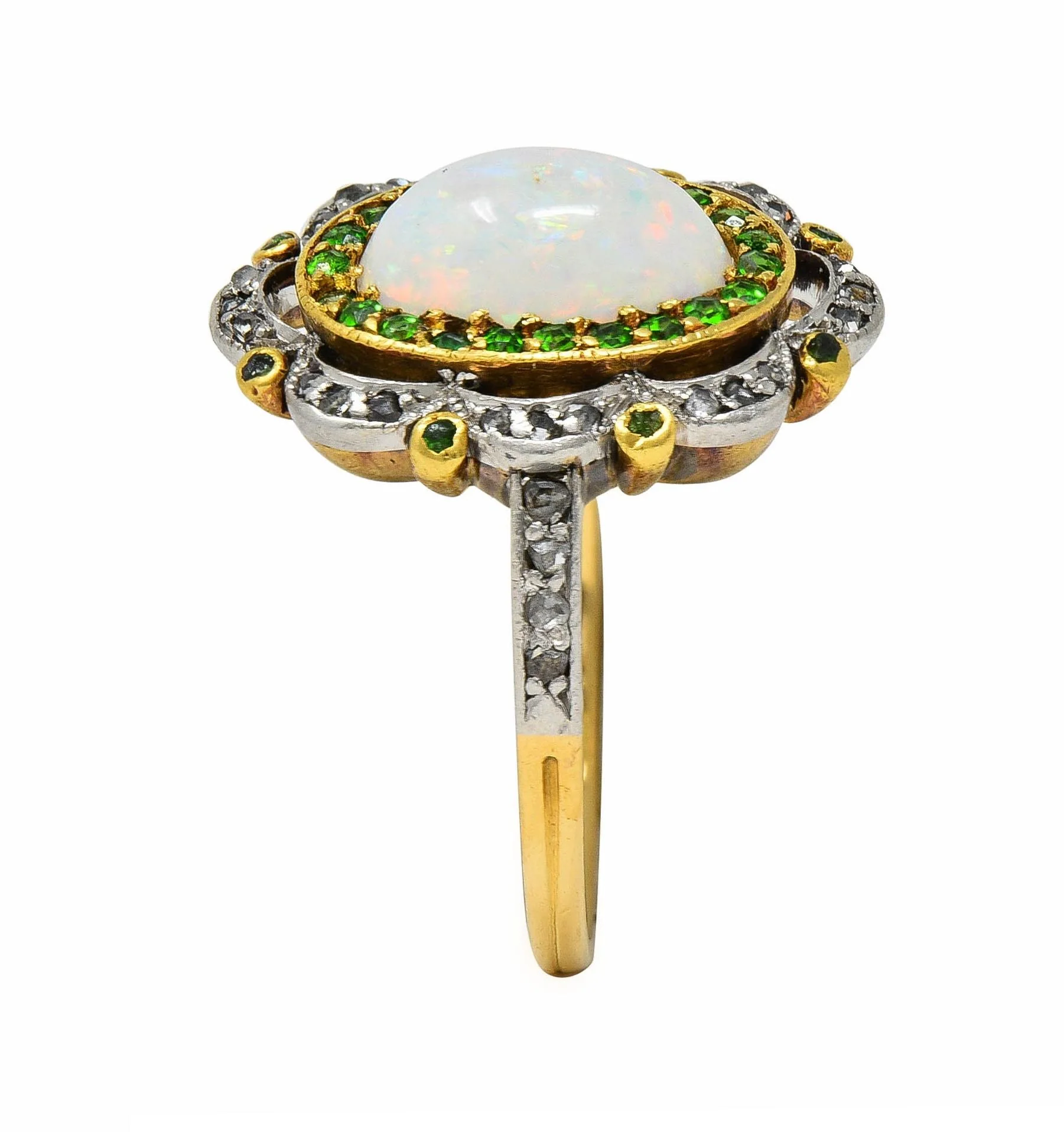 Edwardian Opal Diamond Demantoid Garnet Platinum 18 Karat Gold Antique Cluster Ring - Image 10