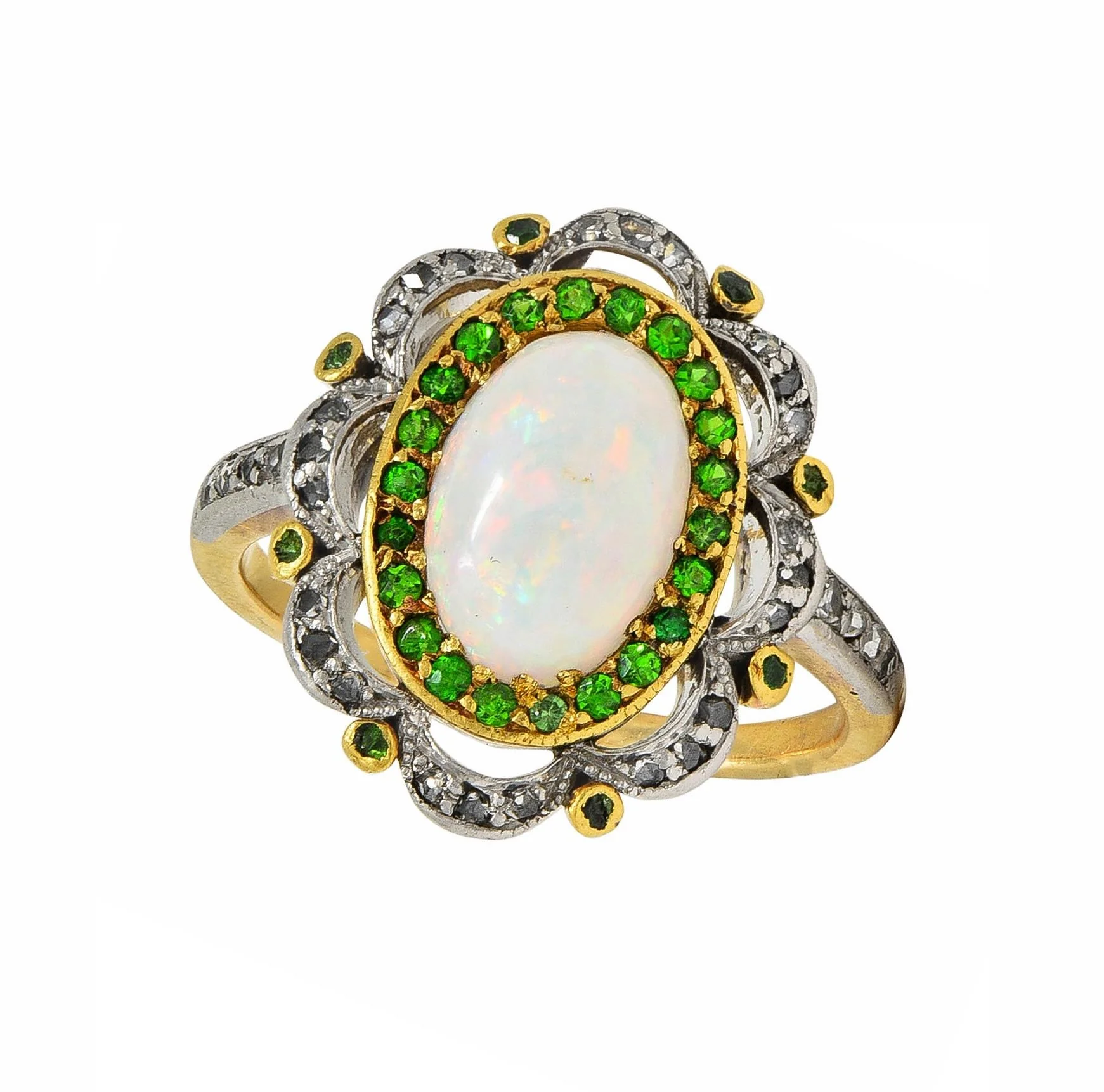 Edwardian Opal Diamond Demantoid Garnet Platinum 18 Karat Gold Antique Cluster Ring - Image 11