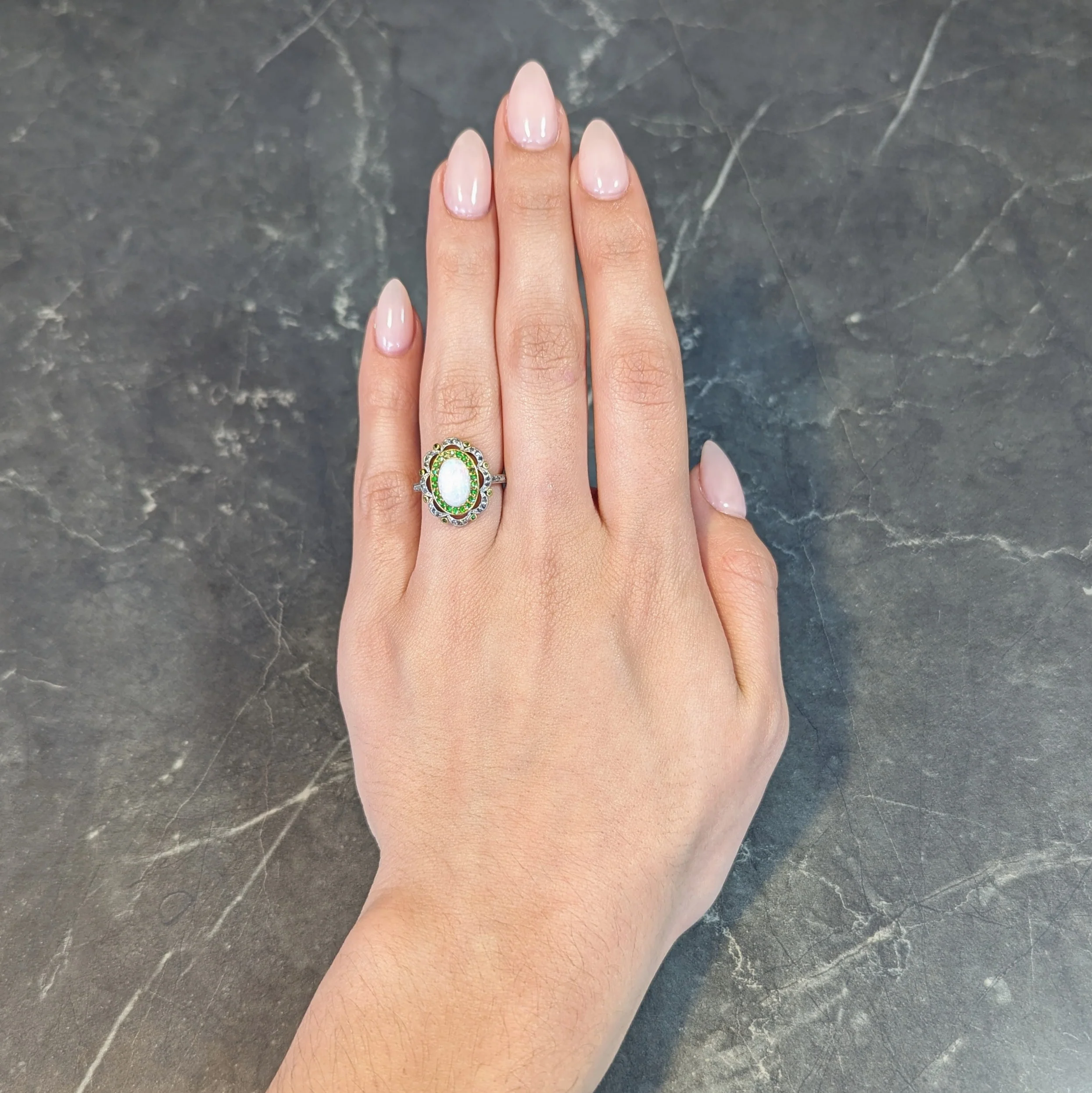 Edwardian Opal Diamond Demantoid Garnet Platinum 18 Karat Gold Antique Cluster Ring - Image 12