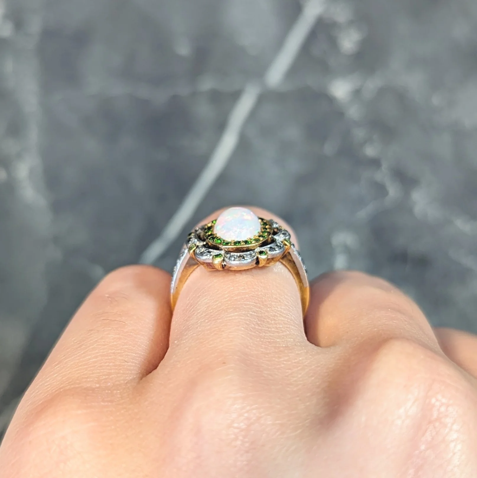 Edwardian Opal Diamond Demantoid Garnet Platinum 18 Karat Gold Antique Cluster Ring - Image 13