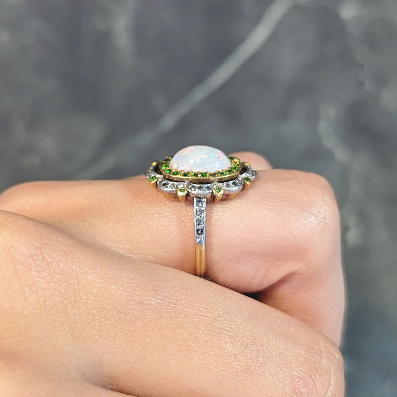 Edwardian Opal Diamond Demantoid Garnet Platinum 18 Karat Gold Antique Cluster Ring - Image 14