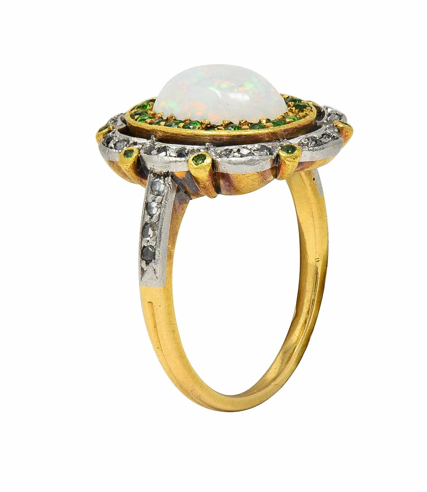 Edwardian Opal Diamond Demantoid Garnet Platinum 18 Karat Gold Antique Cluster Ring - Image 3
