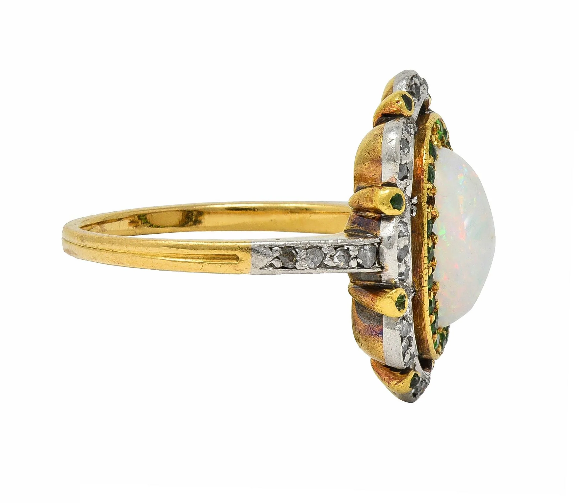 Edwardian Opal Diamond Demantoid Garnet Platinum 18 Karat Gold Antique Cluster Ring - Image 4