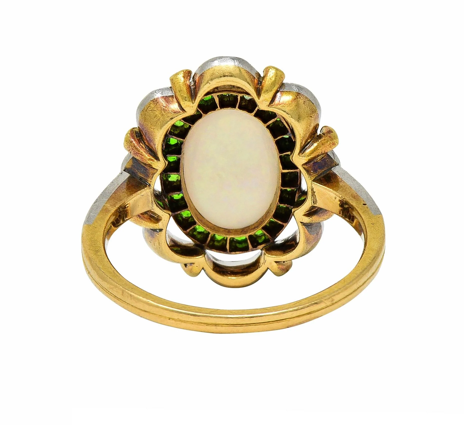 Edwardian Opal Diamond Demantoid Garnet Platinum 18 Karat Gold Antique Cluster Ring - Image 5