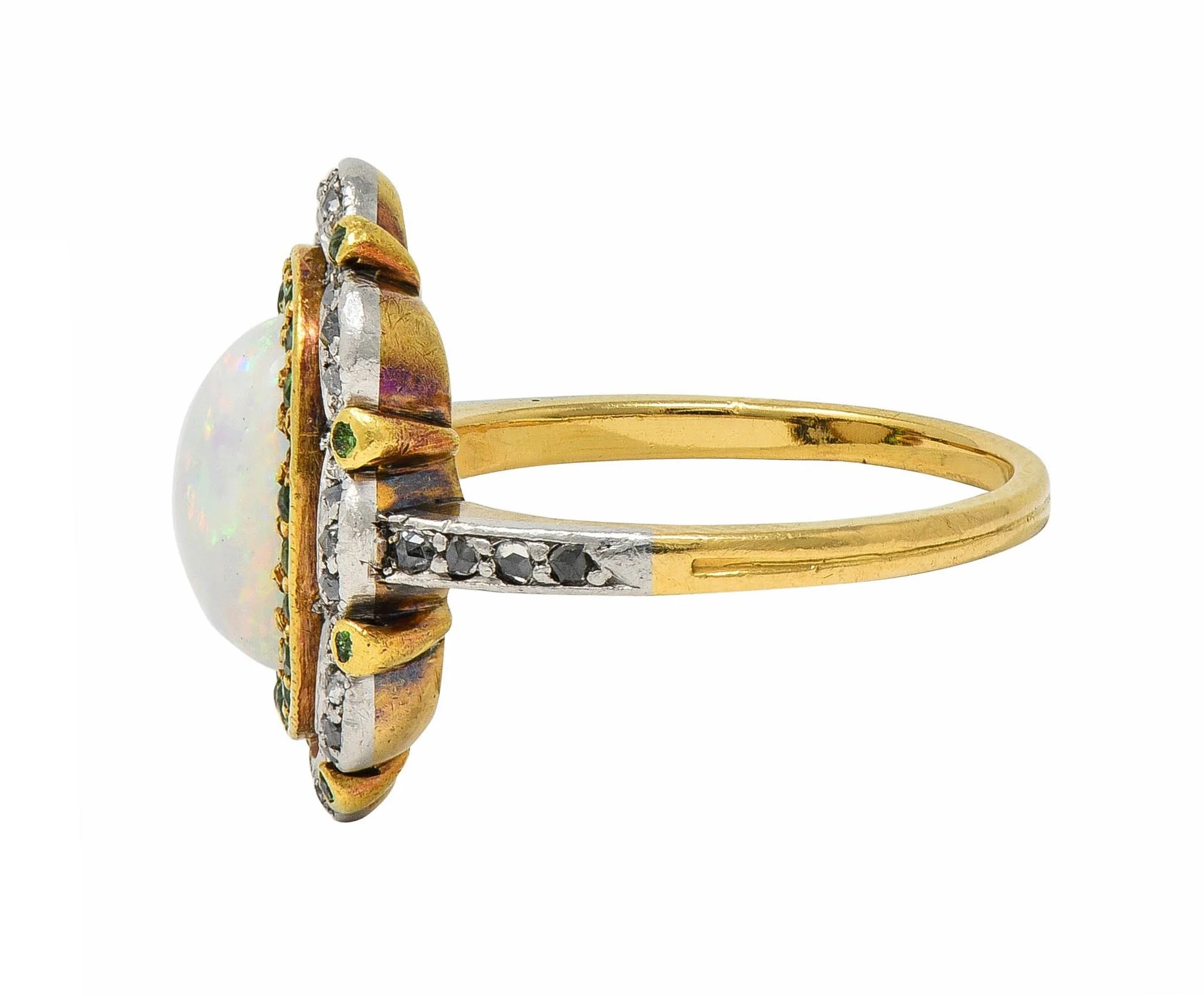 Edwardian Opal Diamond Demantoid Garnet Platinum 18 Karat Gold Antique Cluster Ring - Image 6