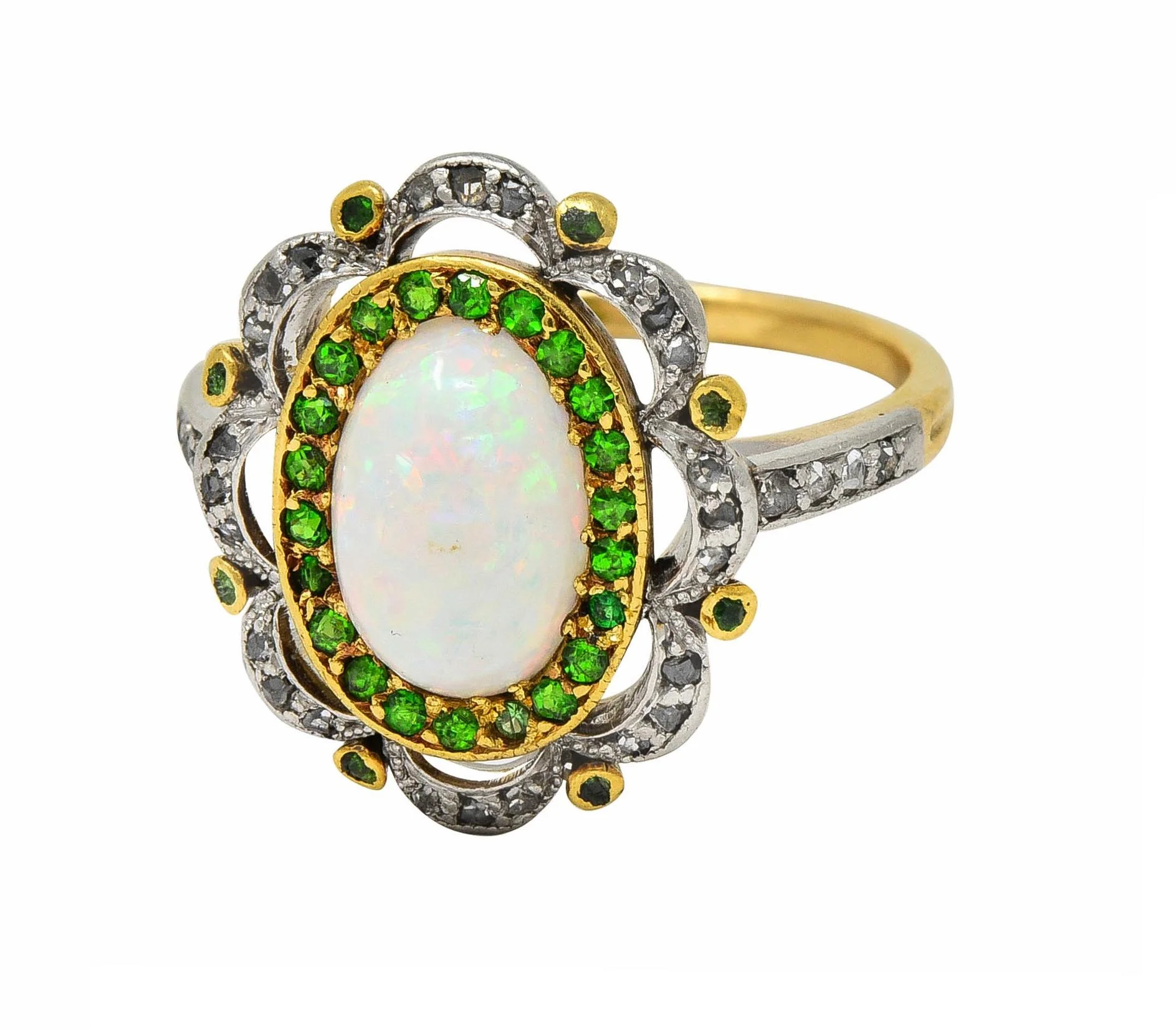 Edwardian Opal Diamond Demantoid Garnet Platinum 18 Karat Gold Antique Cluster Ring - Image 7