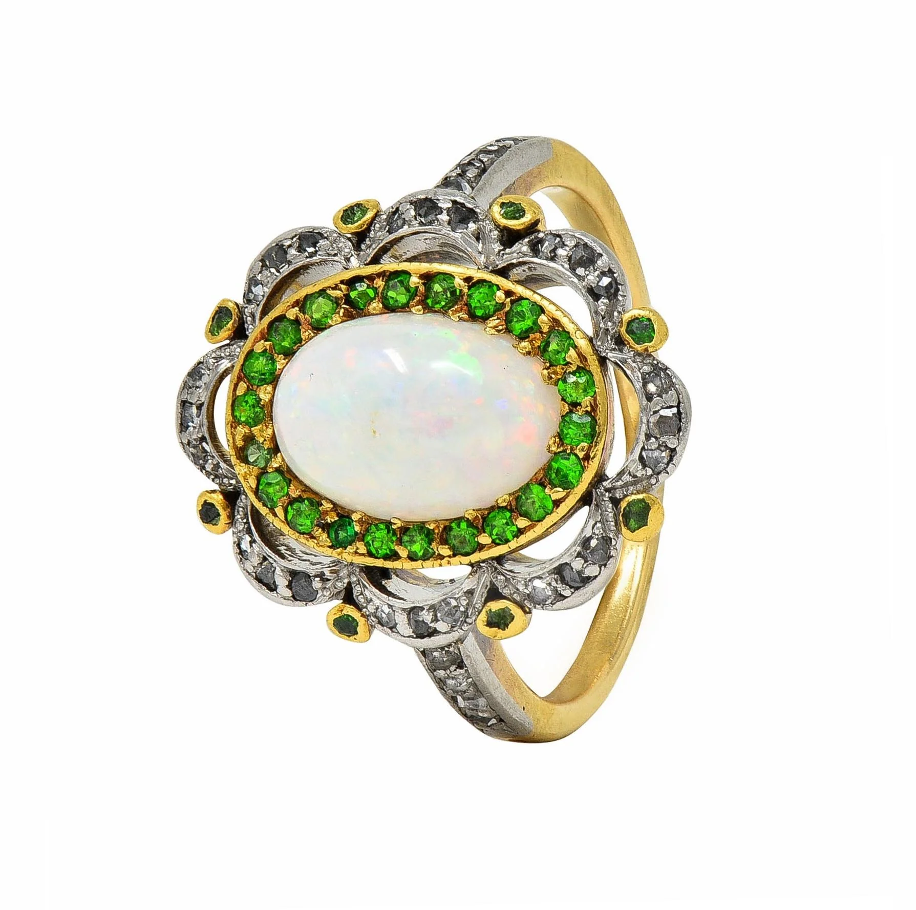 Edwardian Opal Diamond Demantoid Garnet Platinum 18 Karat Gold Antique Cluster Ring - Image 8