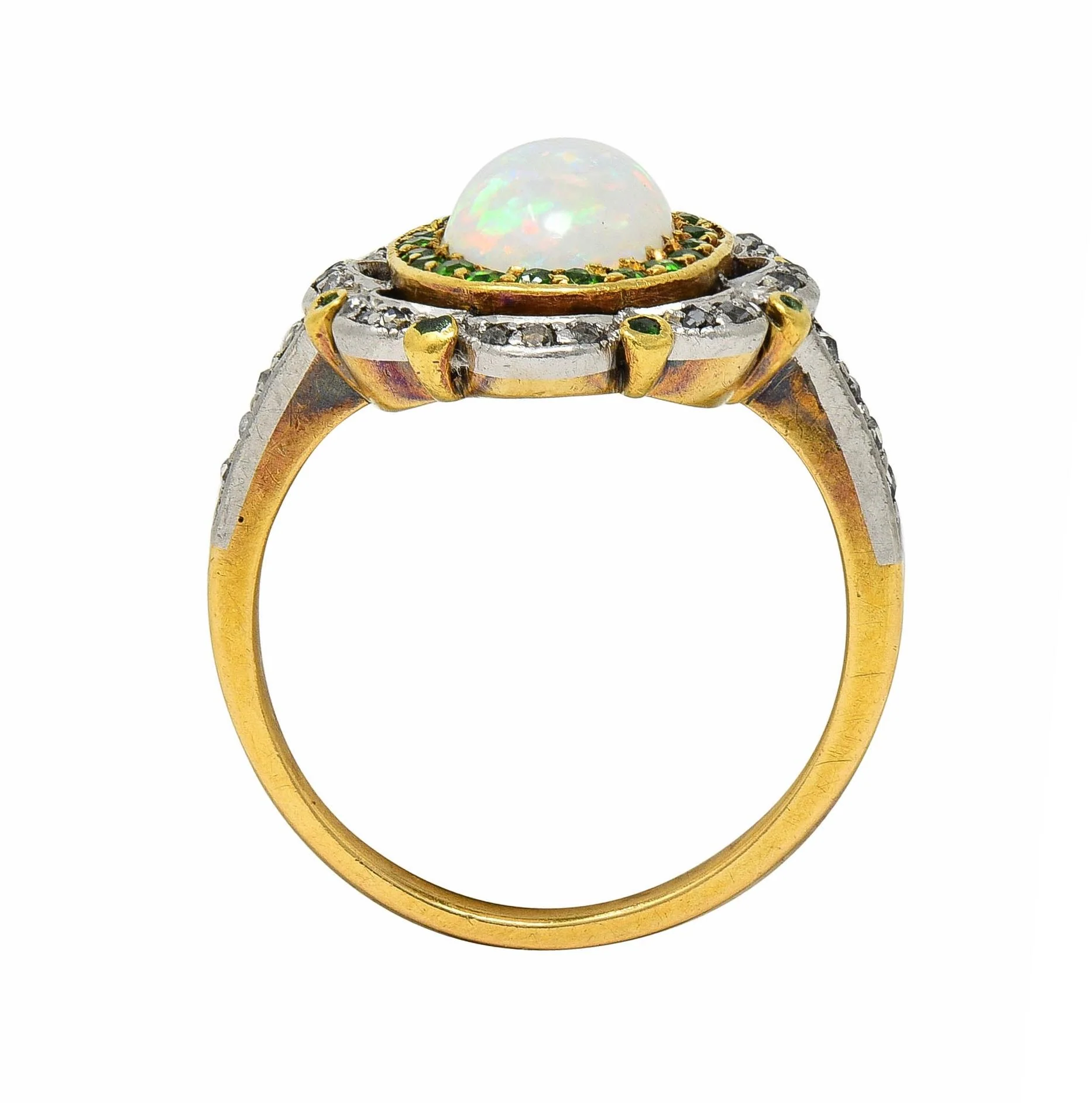Edwardian Opal Diamond Demantoid Garnet Platinum 18 Karat Gold Antique Cluster Ring - Image 9