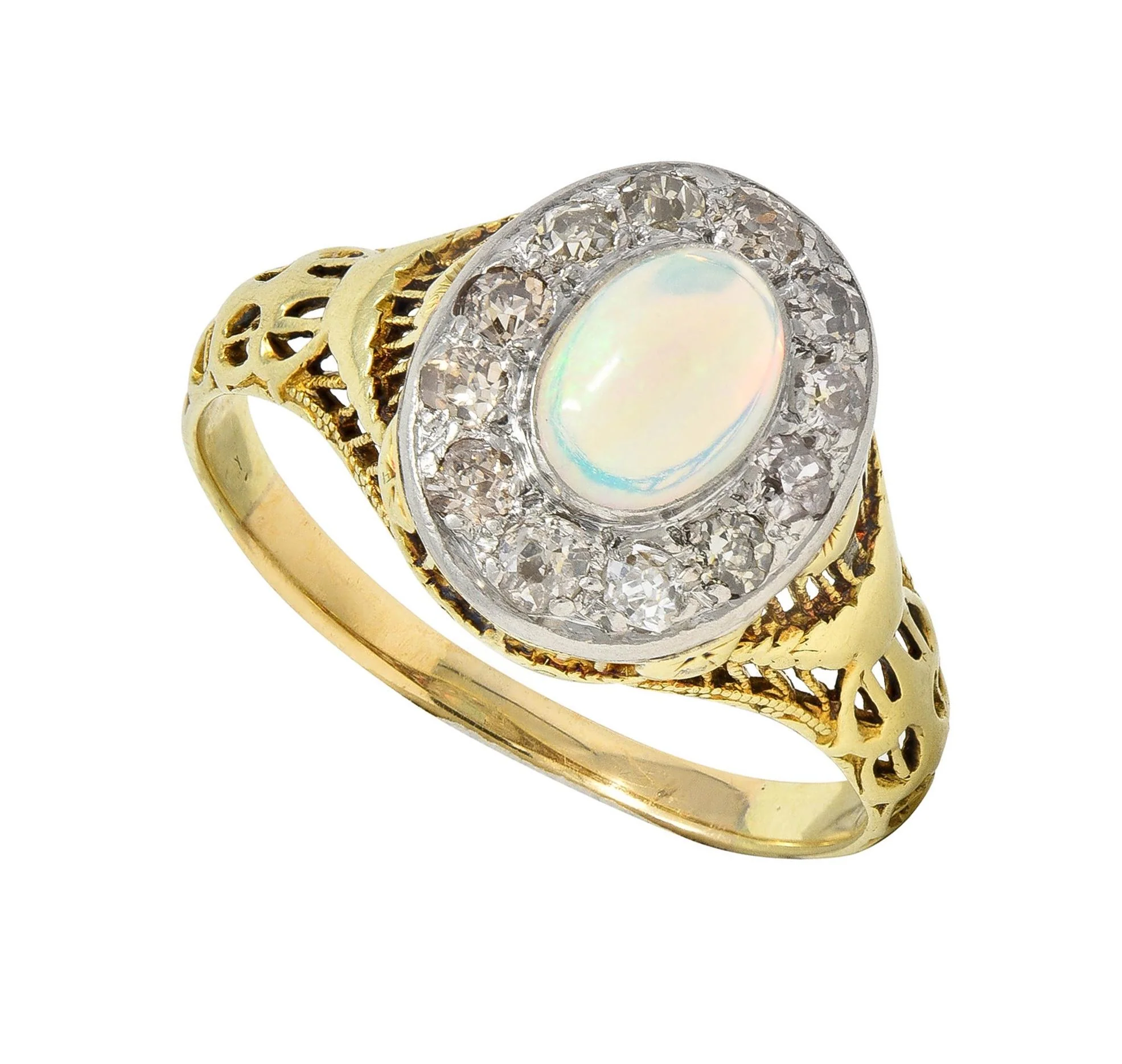 Edwardian Opal Diamond Platinum 14 Karat Gold Antique Garland Halo Ring - Image 10