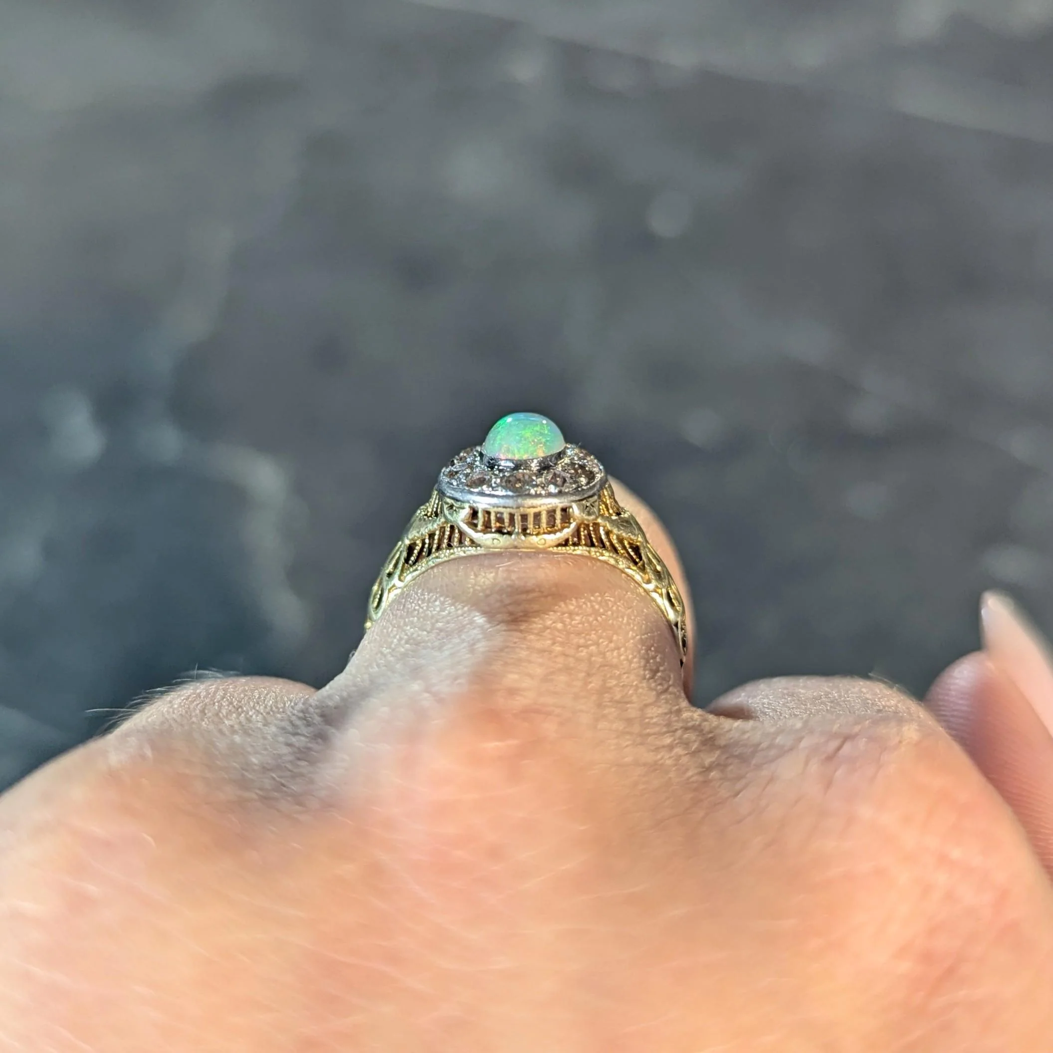 Edwardian Opal Diamond Platinum 14 Karat Gold Antique Garland Halo Ring - Image 12