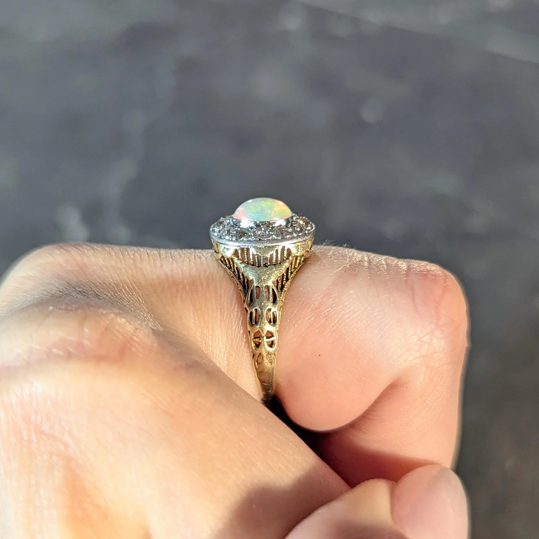 Edwardian Opal Diamond Platinum 14 Karat Gold Antique Garland Halo Ring - Image 13