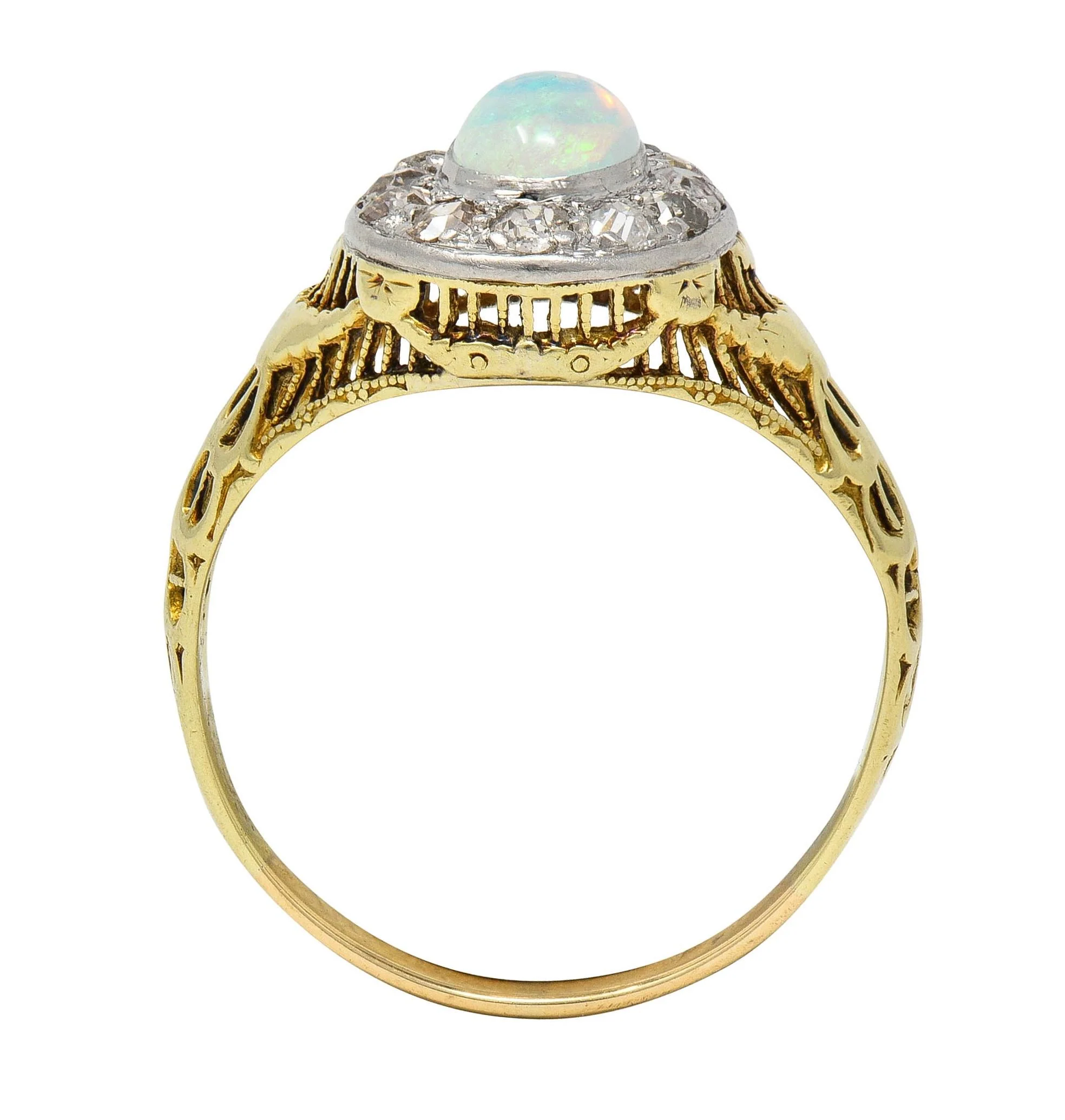 Edwardian Opal Diamond Platinum 14 Karat Gold Antique Garland Halo Ring - Image 3