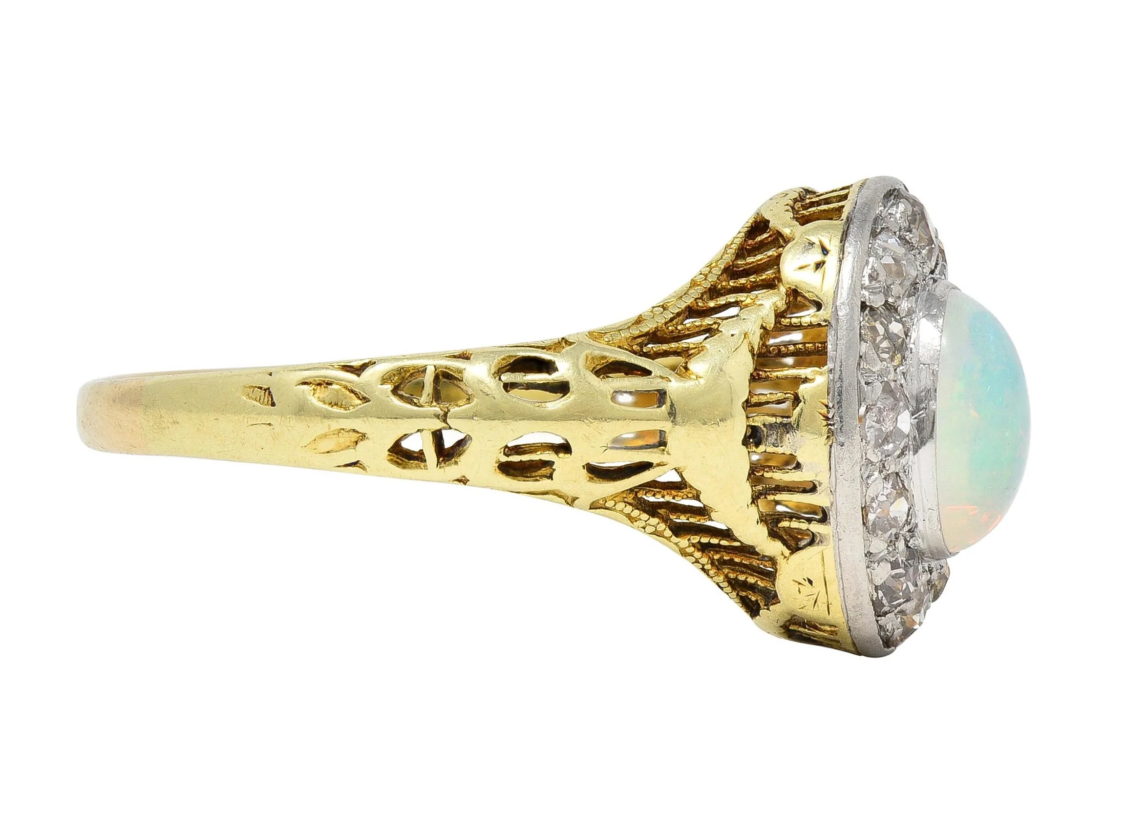 Edwardian Opal Diamond Platinum 14 Karat Gold Antique Garland Halo Ring - Image 4