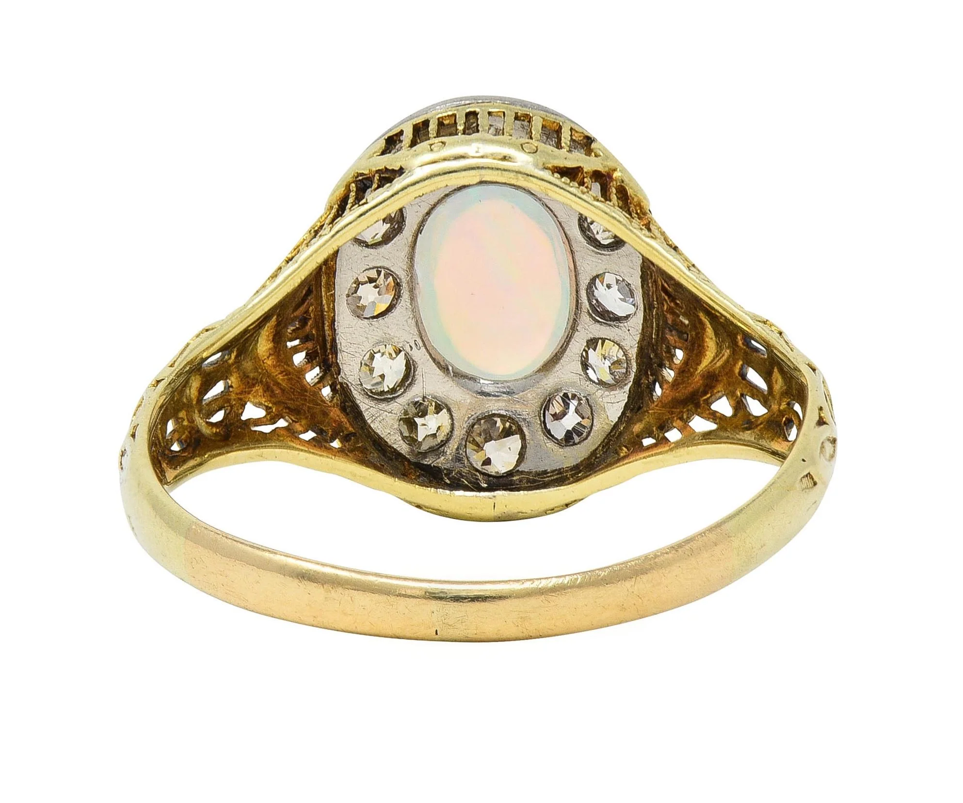 Edwardian Opal Diamond Platinum 14 Karat Gold Antique Garland Halo Ring - Image 5