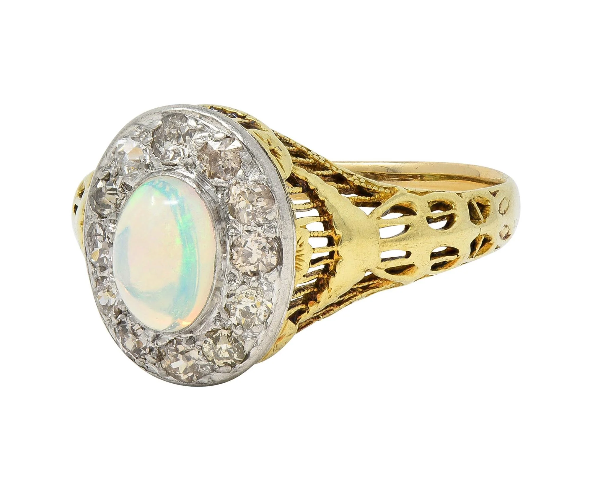 Edwardian Opal Diamond Platinum 14 Karat Gold Antique Garland Halo Ring - Image 7