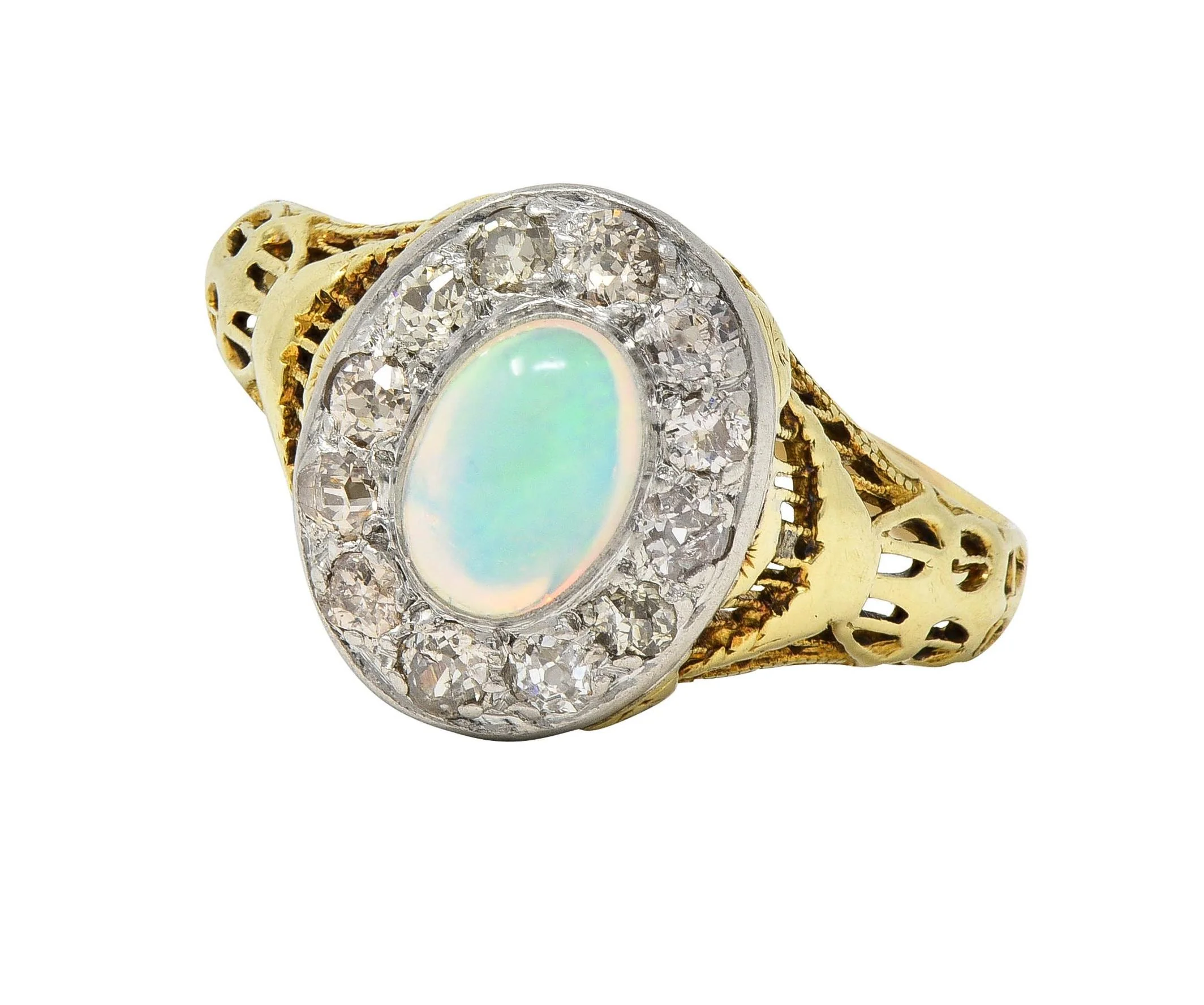 Edwardian Opal Diamond Platinum 14 Karat Gold Antique Garland Halo Ring - Image 8