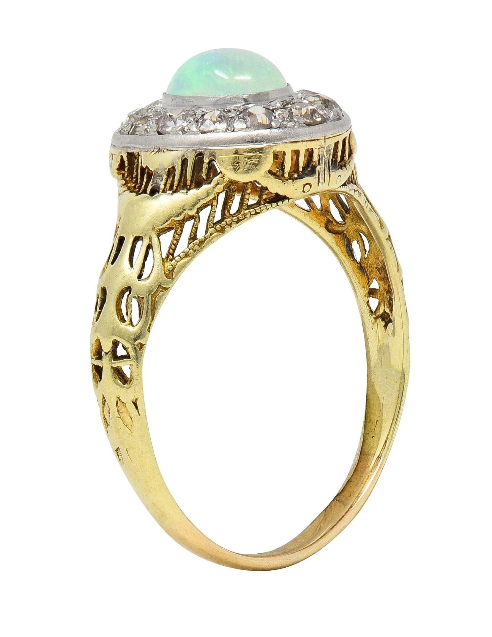 Edwardian Opal Diamond Platinum 14 Karat Gold Antique Garland Halo Ring - Image 9