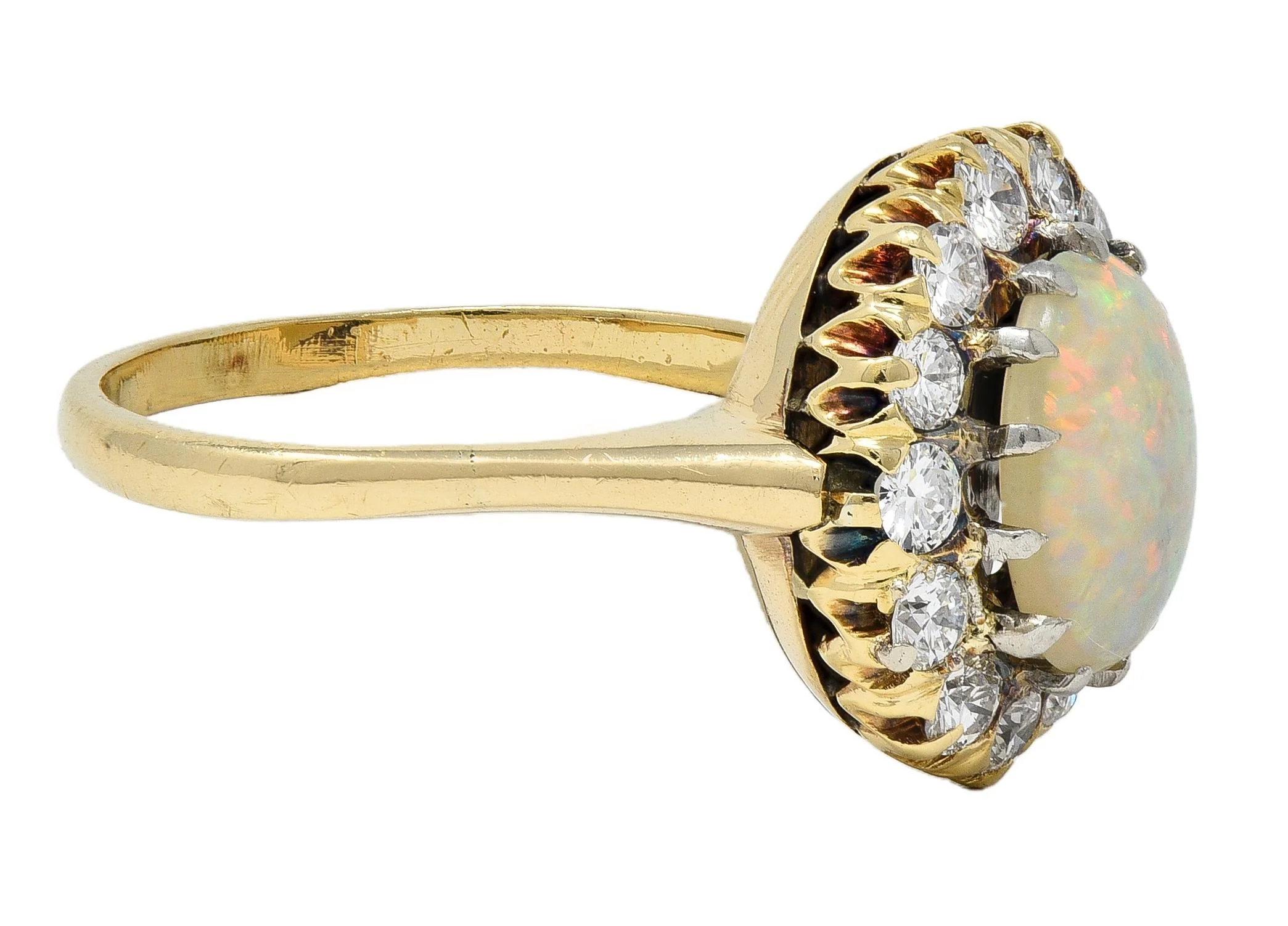 Edwardian Opal Diamond Platinum 14 Karat Yellow Gold Antique Halo Ring - Image 2
