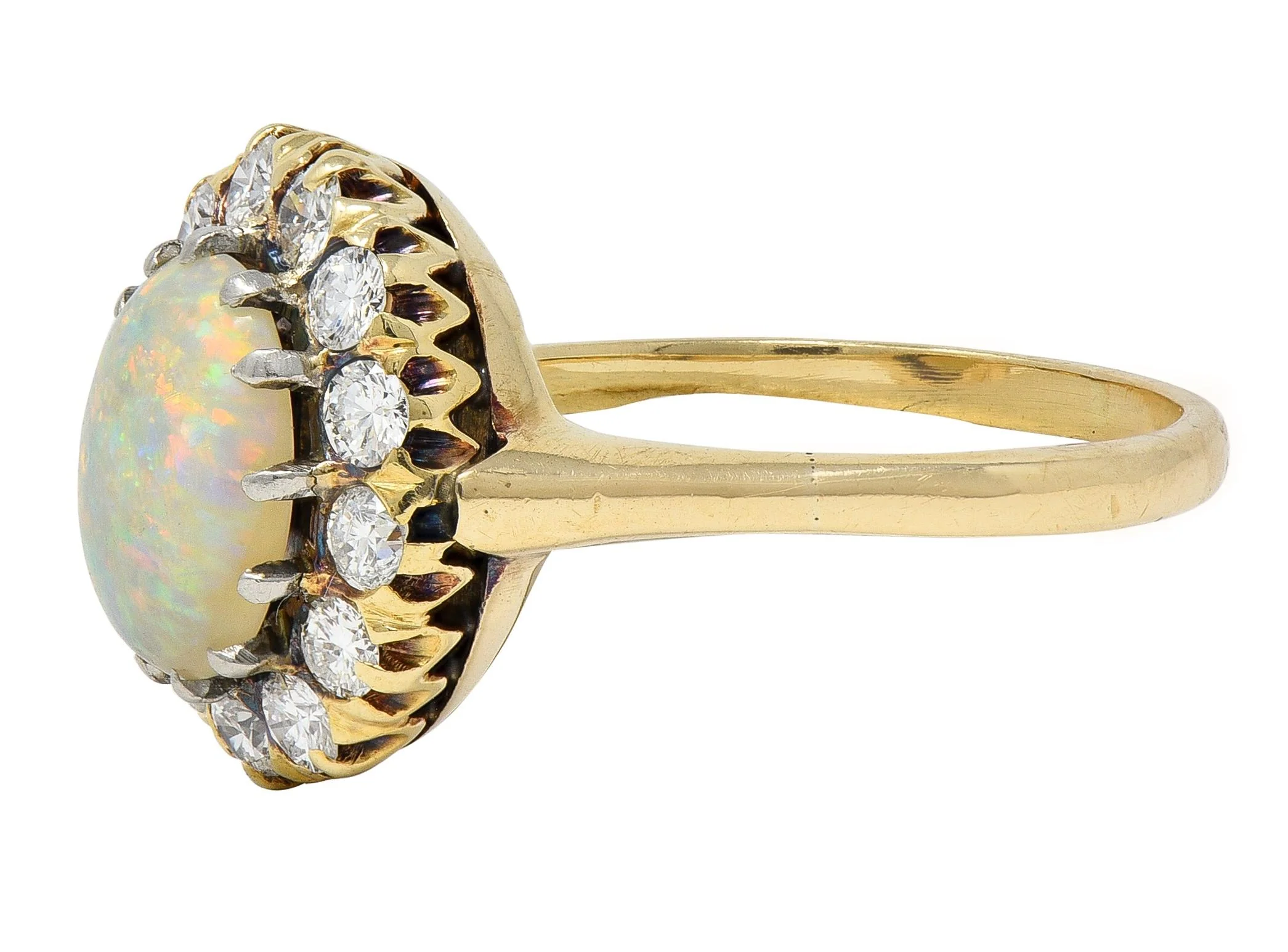 Edwardian Opal Diamond Platinum 14 Karat Yellow Gold Antique Halo Ring - Image 4