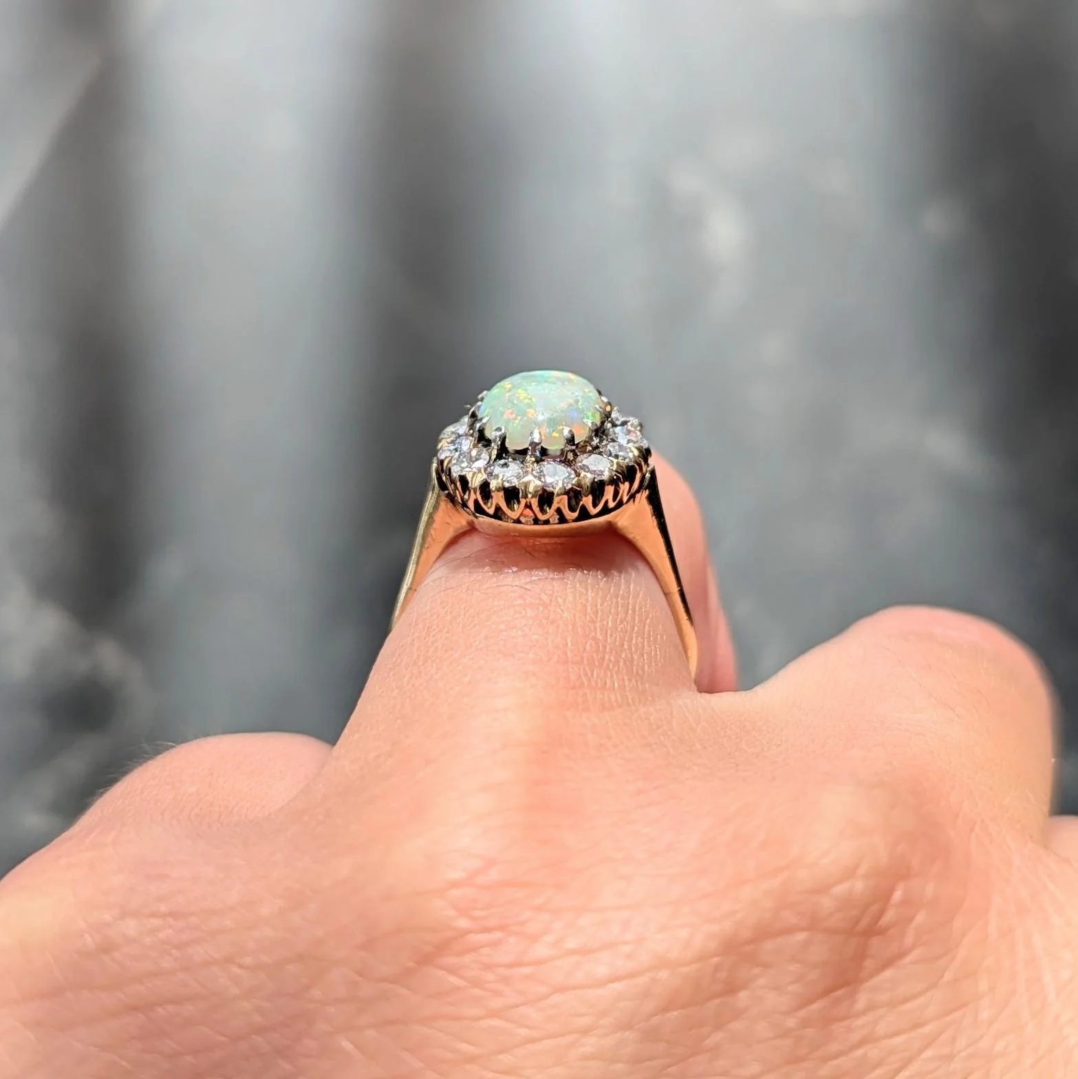 Edwardian Opal Diamond Platinum 14 Karat Yellow Gold Antique Halo Ring - Image 8