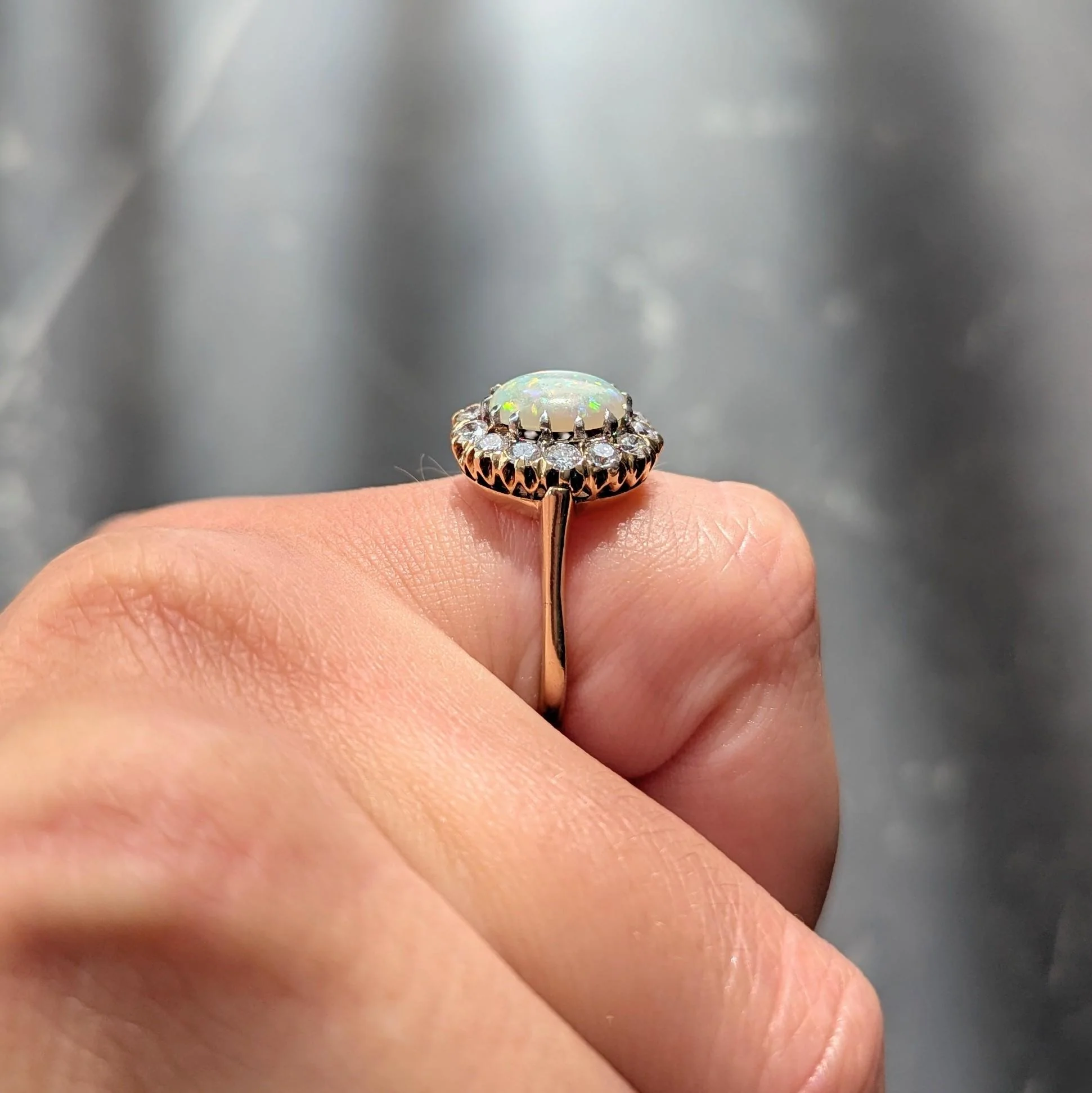 Edwardian Opal Diamond Platinum 14 Karat Yellow Gold Antique Halo Ring - Image 9
