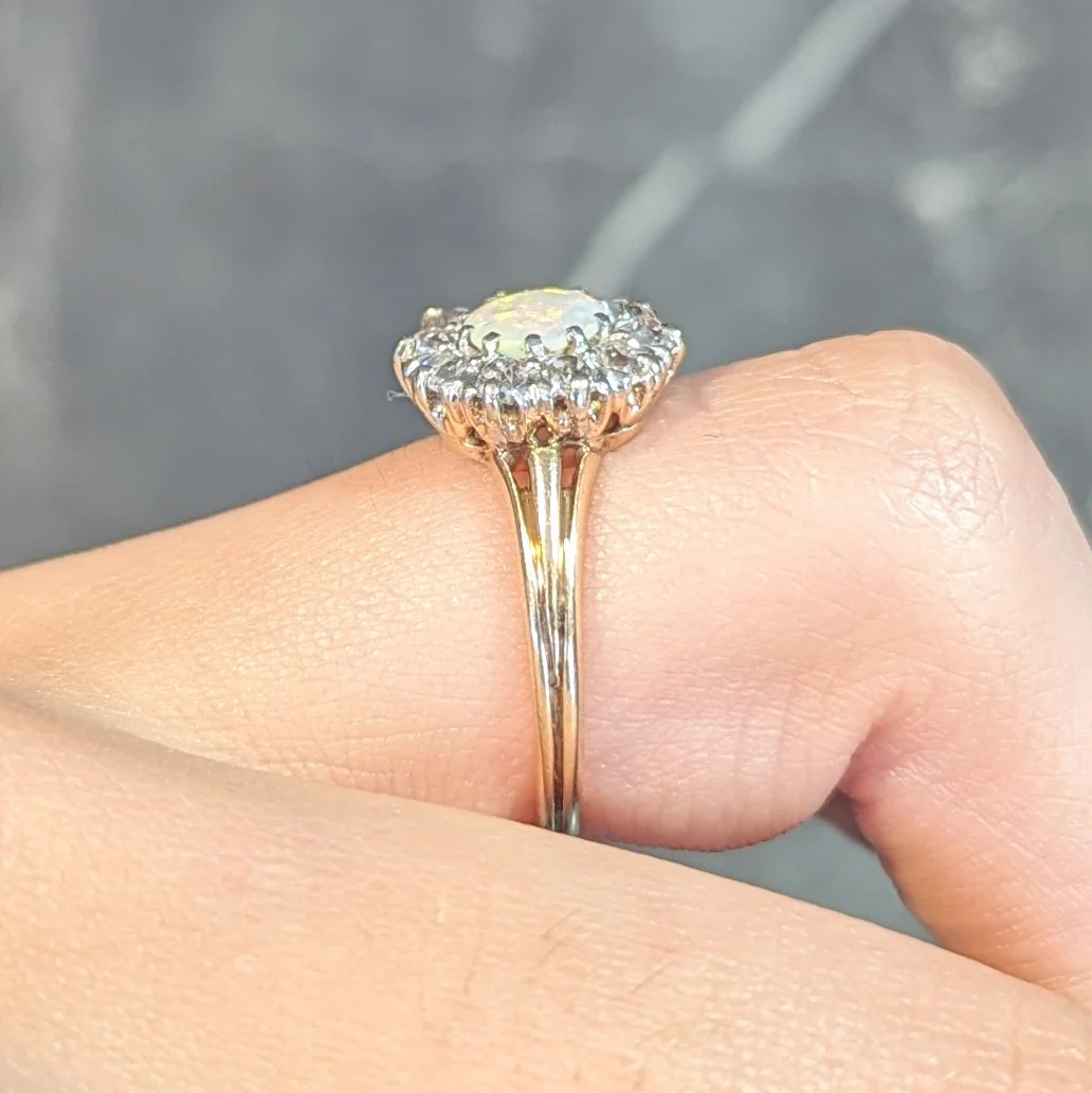 Edwardian Opal Diamond Platinum 14 Karat Yellow Gold Antique Halo Ring - Image 13