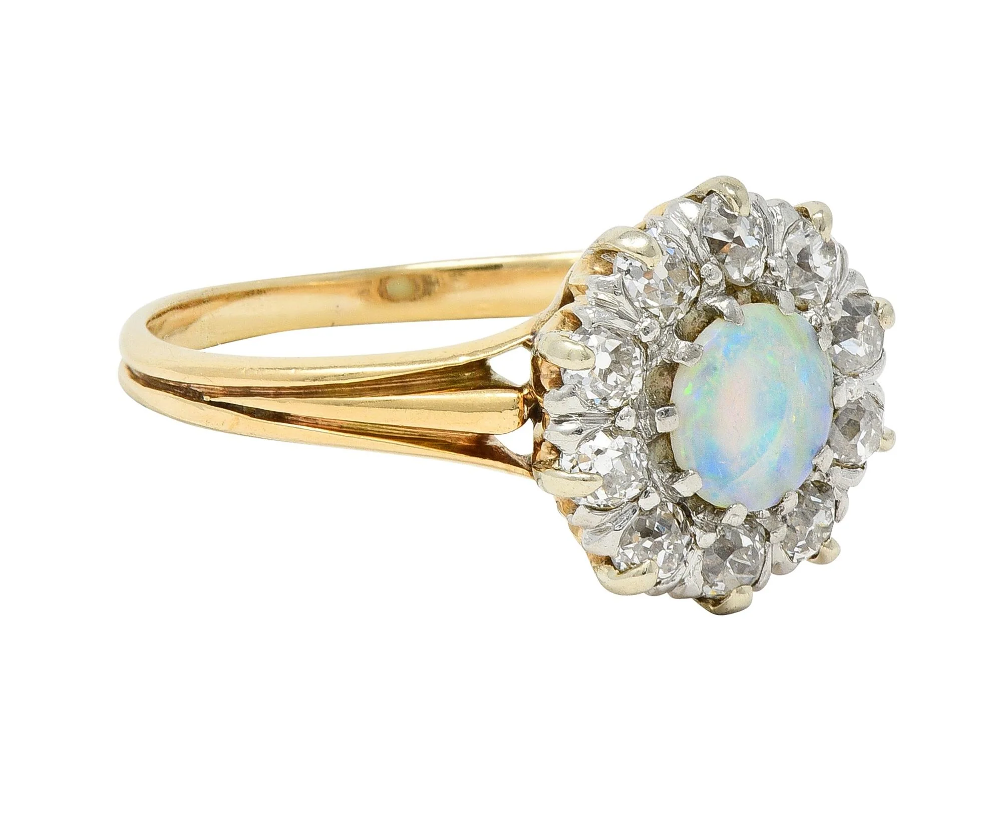 Edwardian Opal Diamond Platinum 14 Karat Yellow Gold Antique Halo Ring - Image 2