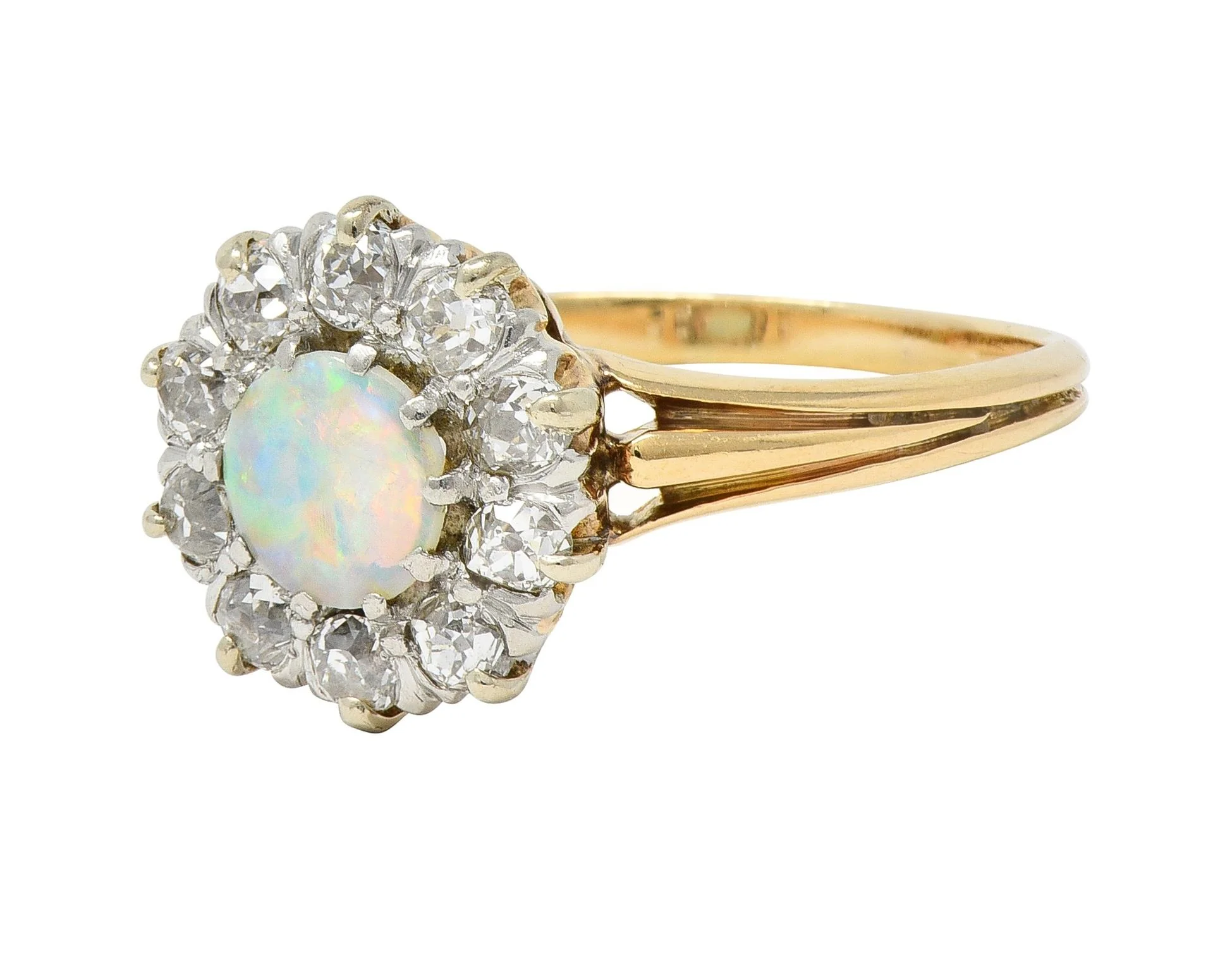 Edwardian Opal Diamond Platinum 14 Karat Yellow Gold Antique Halo Ring - Image 6