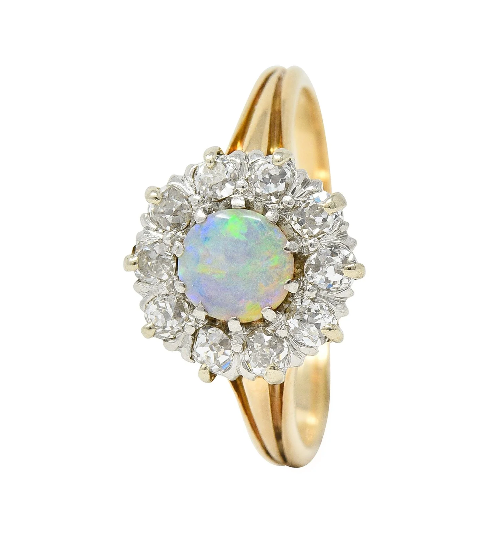 Edwardian Opal Diamond Platinum 14 Karat Yellow Gold Antique Halo Ring - Image 8