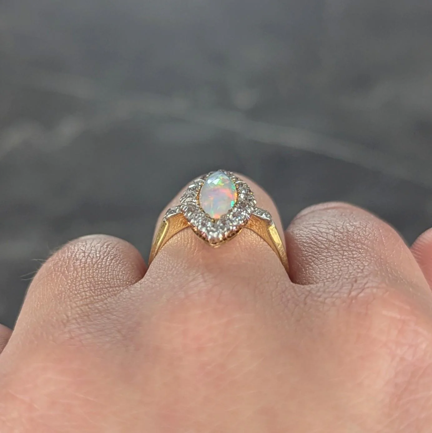 Edwardian Opal Diamond Platinum 18 Karat Yellow Gold Antique Navette Ring - Image 11