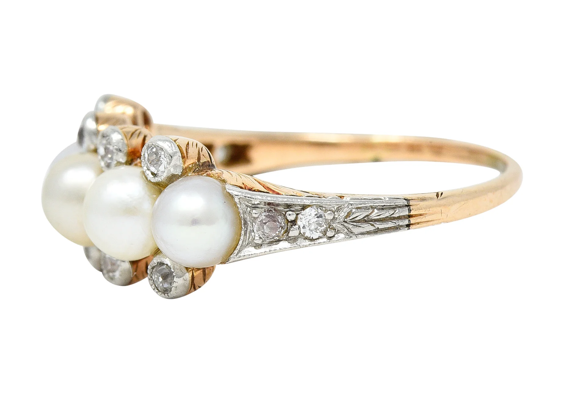 Edwardian Pearl Diamond Platinum-Topped 14 Karat Yellow Gold Antique Band Ring - Image 6