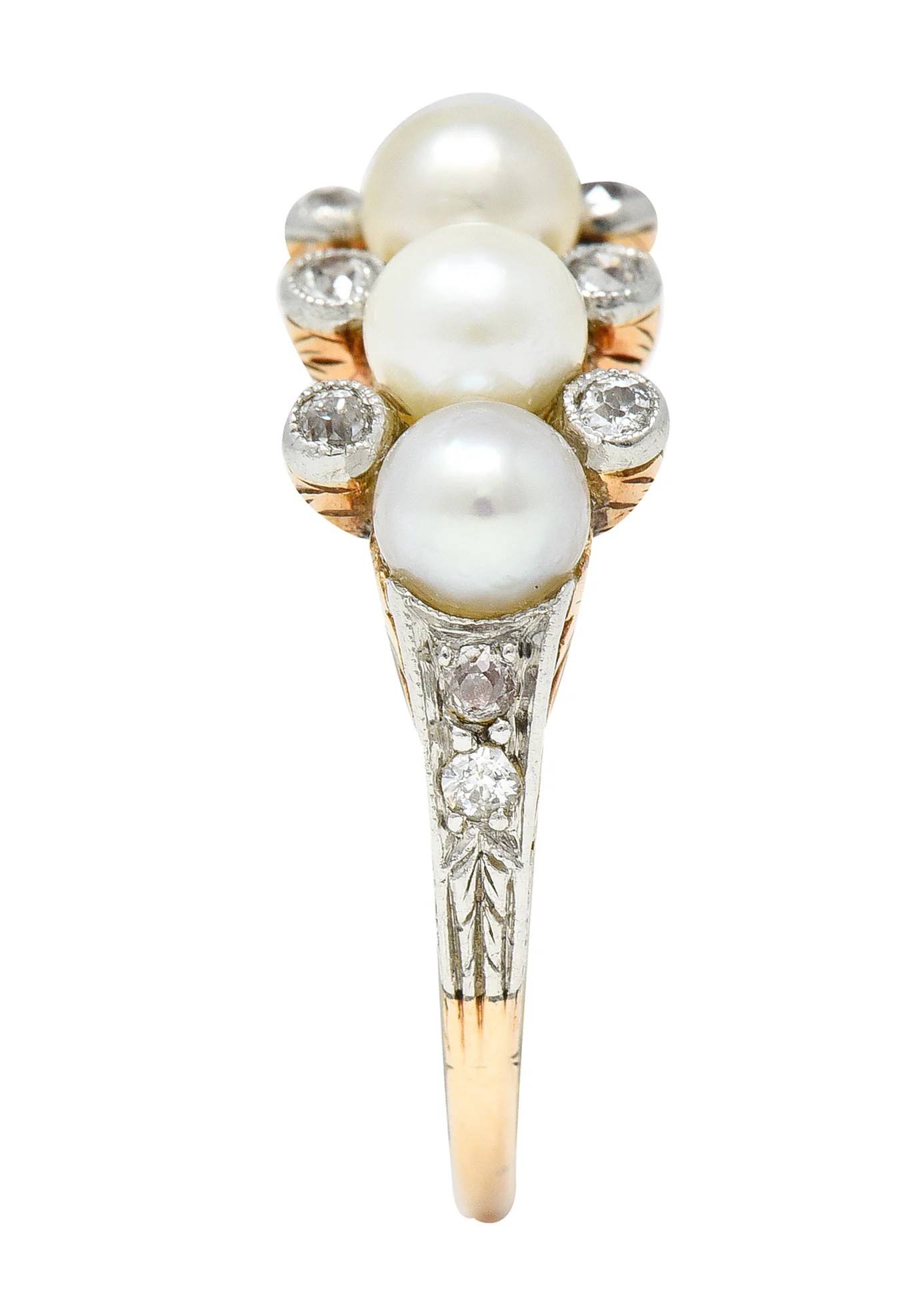 Edwardian Pearl Diamond Platinum-Topped 14 Karat Yellow Gold Antique Band Ring - Image 9