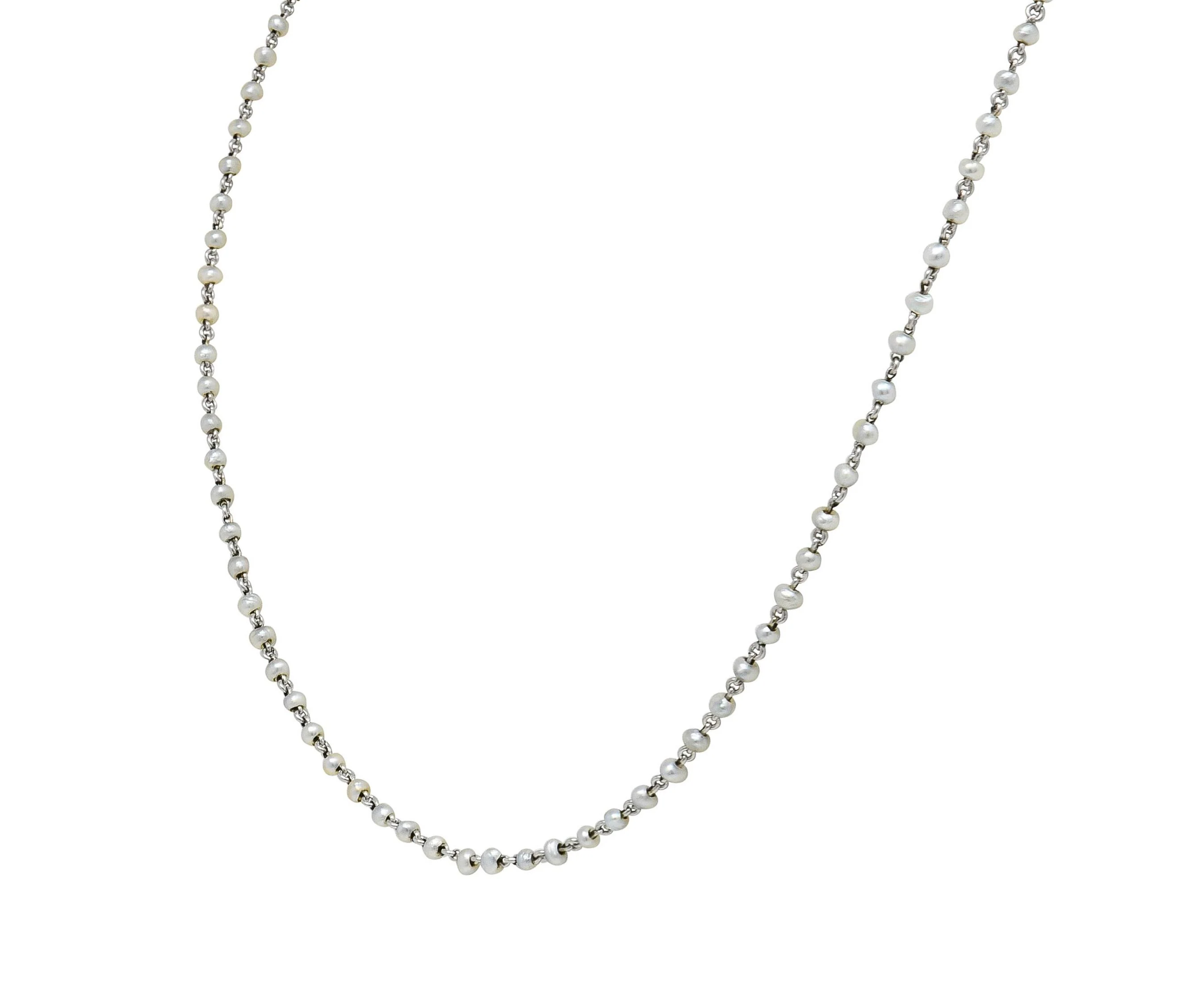 Edwardian Pearl Platinum Beaded Antique Chain Necklace - Image 4