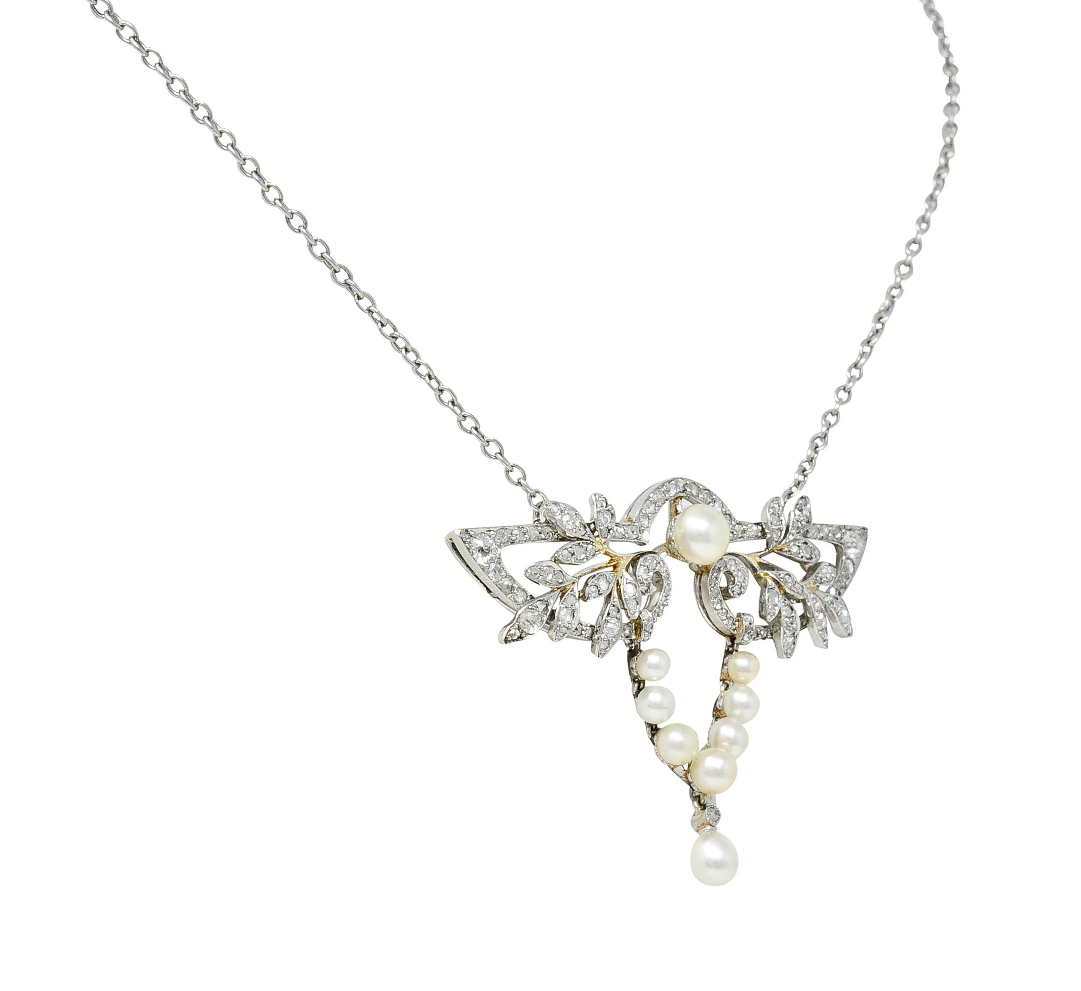 Edwardian Pearl Rose Cut Diamond Platinum Laurel Station Necklace - Image 3