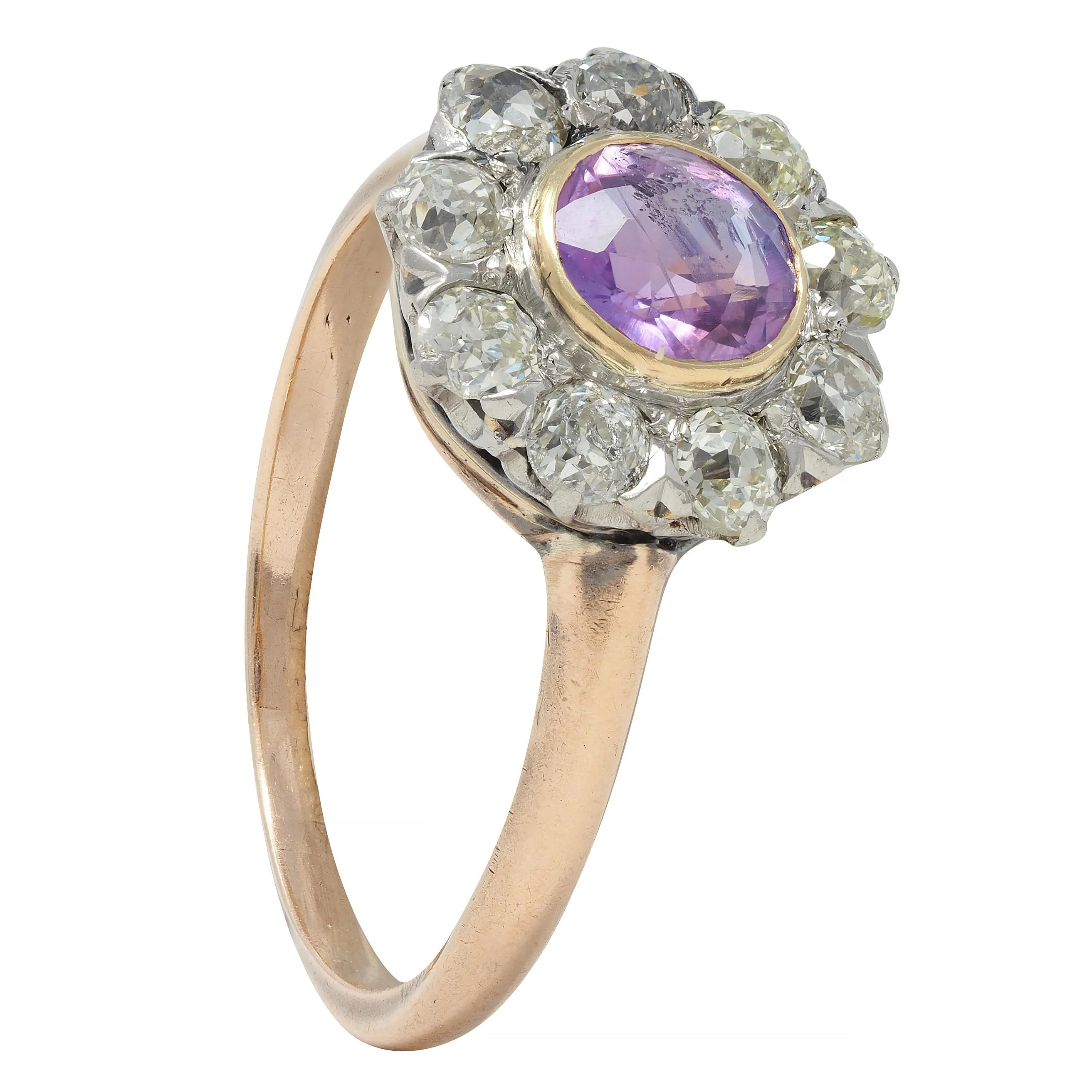 Edwardian Pink Sapphire Diamond Platinum 18 Karat Gold Antique Halo Cluster Ring - Image 10