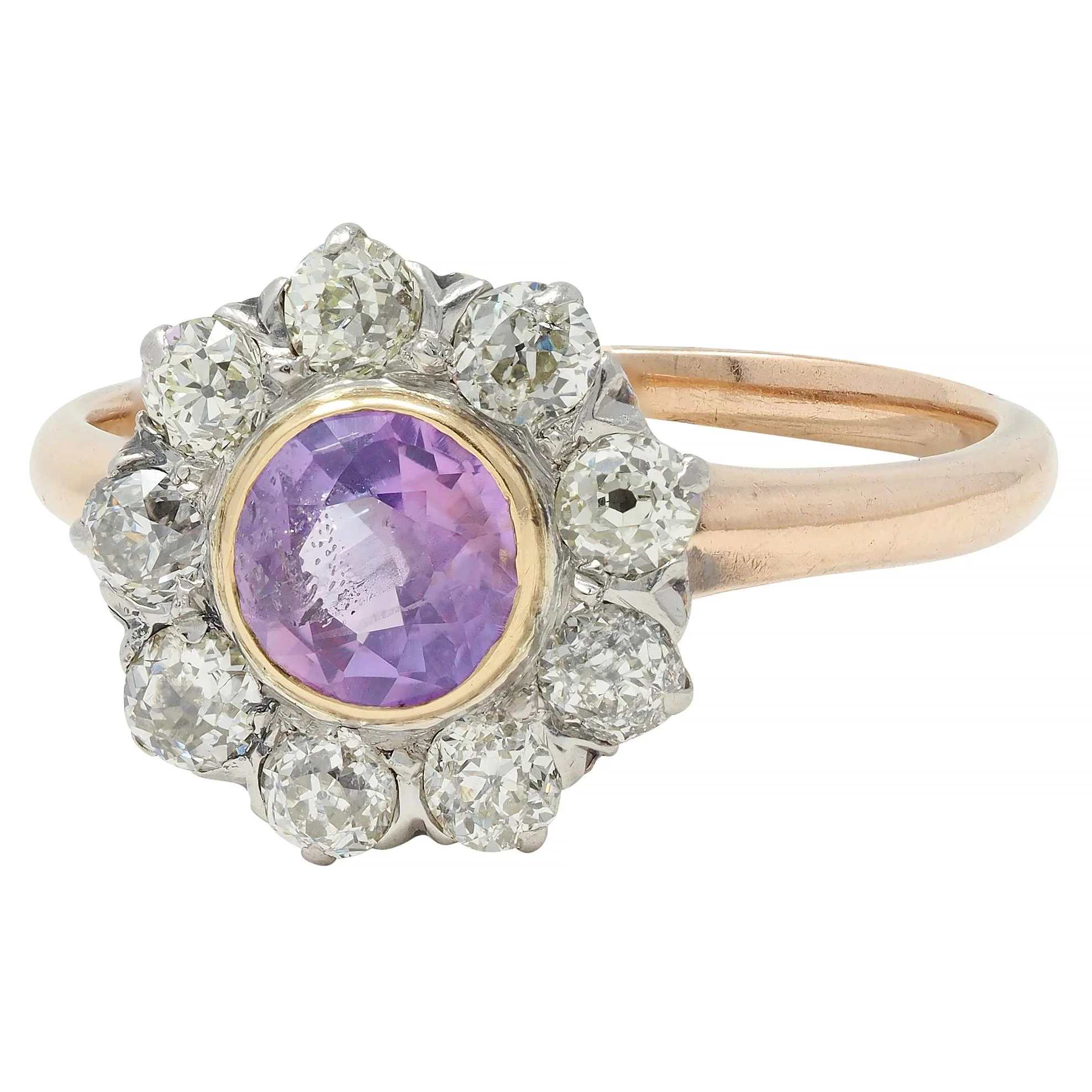 Edwardian Pink Sapphire Diamond Platinum 18 Karat Gold Antique Halo Cluster Ring - Image 7