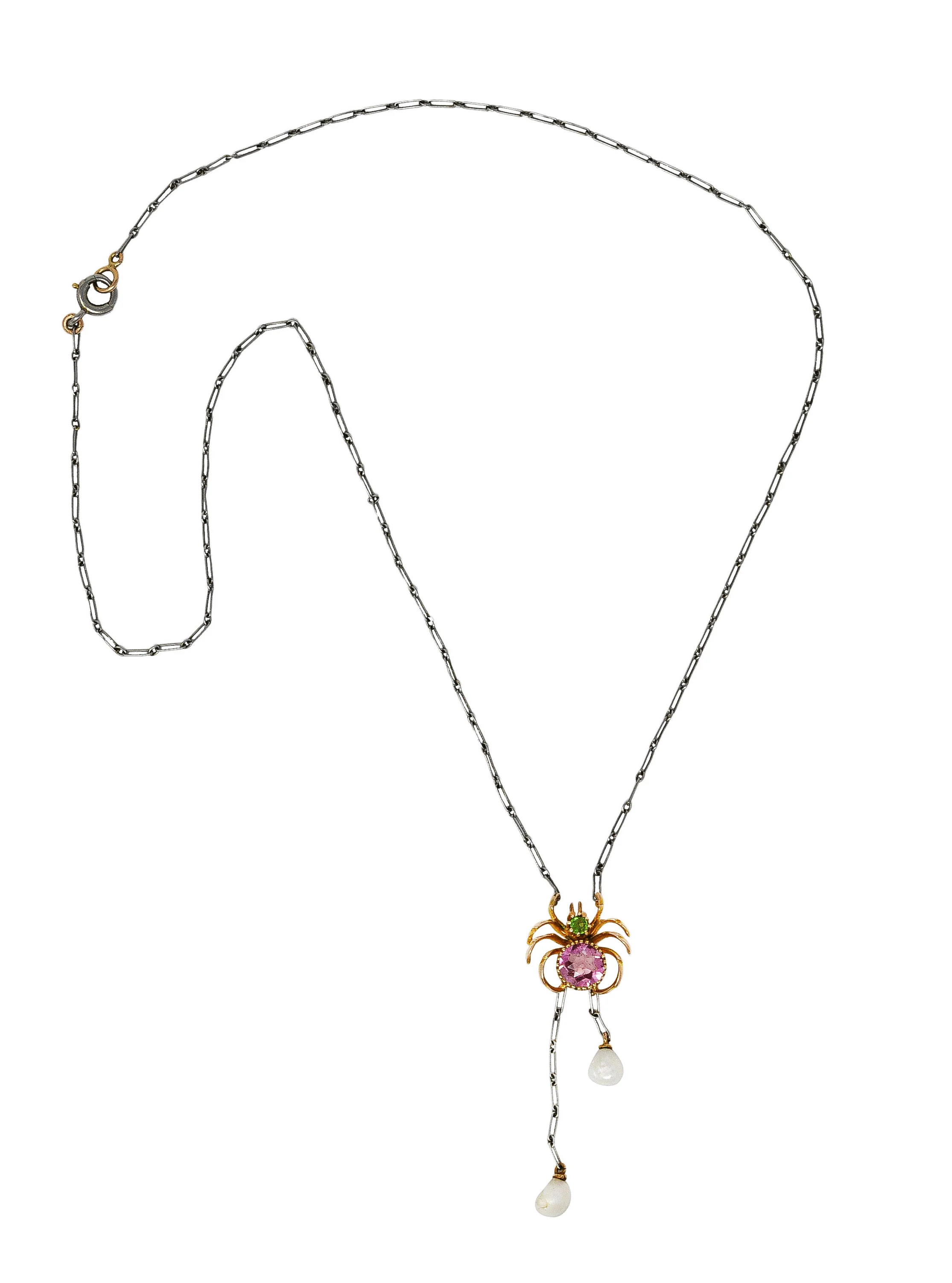 Edwardian Pink Tourmaline Demantoid Garnet Baroque Pearl Platinum 14 Karat Yellow Gold Spider Antique Negligeé Necklace - Image 2