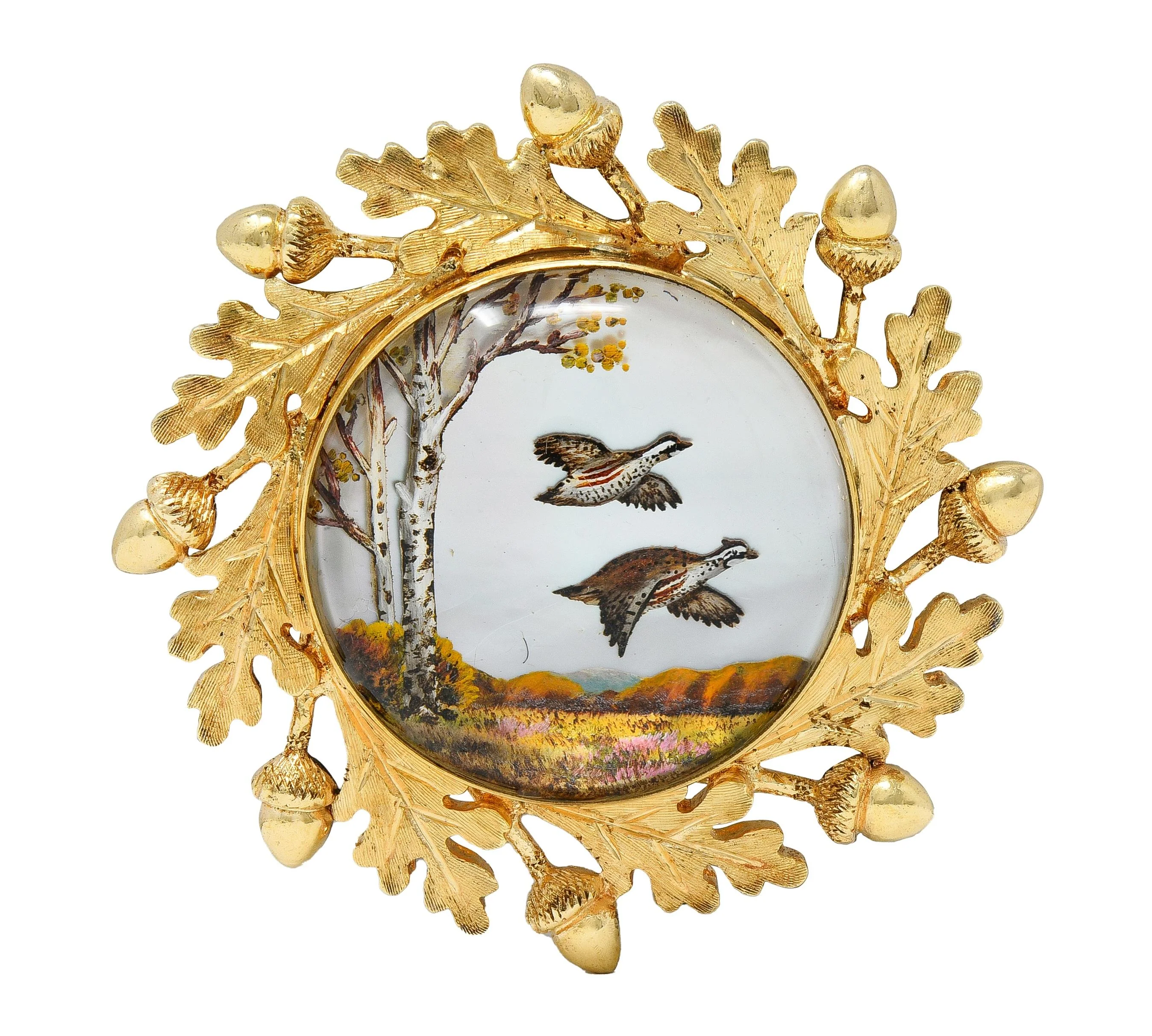 Edwardian Reverse Carved Essex Crystal 14 Karat Yellow Gold Quail Acorn Antique Brooch